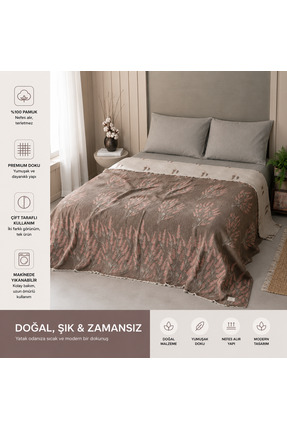 Yarımağa Tekstil Çift Kişilik Müslin Pike Yatak Örtüsü – Lavanta Desenli Bohe...