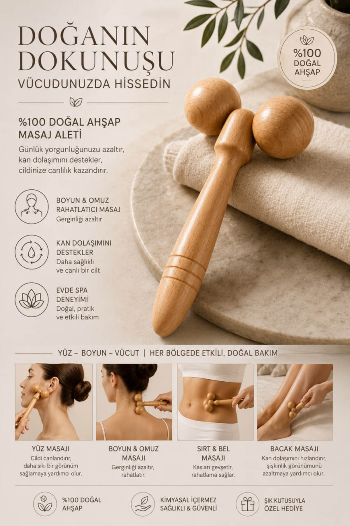 Ahşap Masaj Aleti Yüz Boyun Vücut Doğal Ahşap Masaj Rollerı — قهوه‌ای Spa.Masaj.Aleti — تصویر 3 از 3
