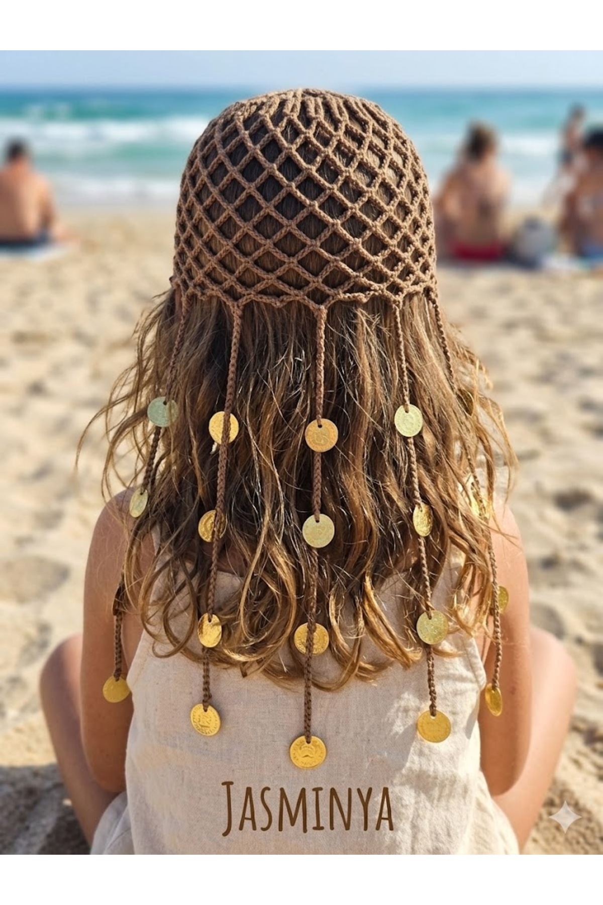 Handmade Knit Bohemian Girl's Brown Fishnet Summer Beanie, Summer Hat, Bandana, Buckle Beach Hair Accessory