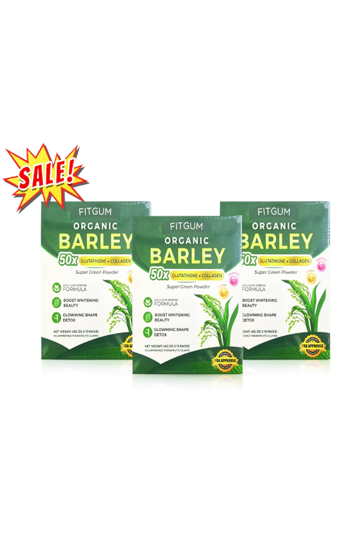 Fitgum Organic Barley 50 X Glutathione + Collagen Super Green Powder 3 Box- Trendyol