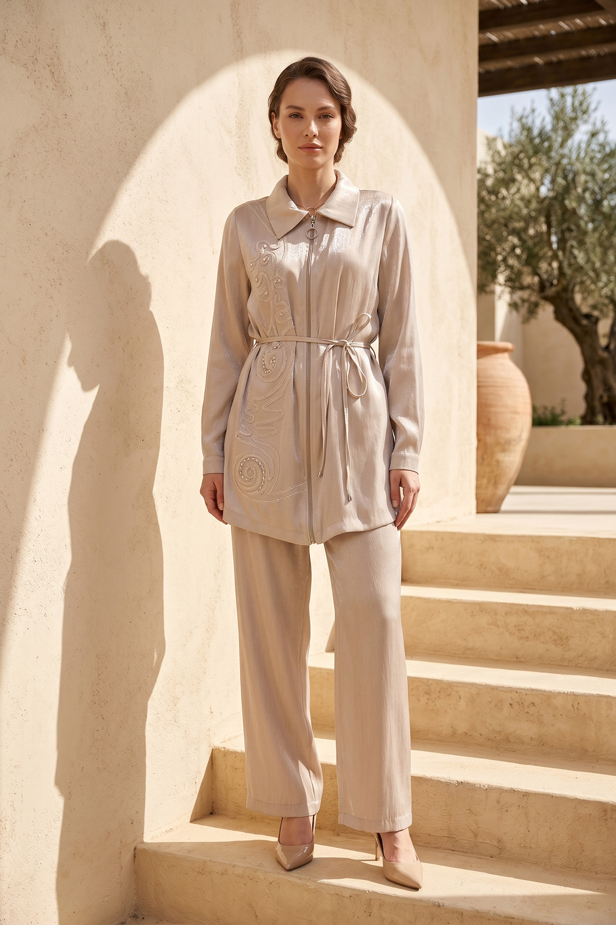 Lale Butik Embroidered Trousers Double Suit 18931 Light Beige