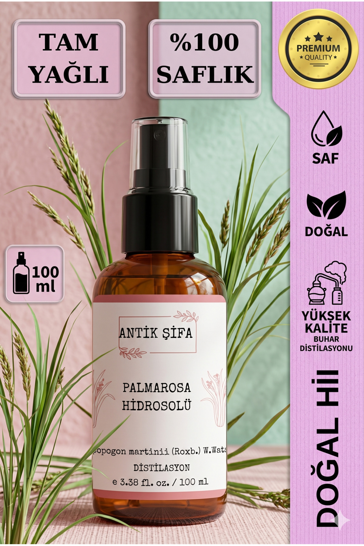 %100 Saf Palmarosa Hidrosolü Doğal Yüz Toniği Gözenek Sıkılaştırıcı - 100 ml — palmarosahidrosol1 — تصویر 3 از 3