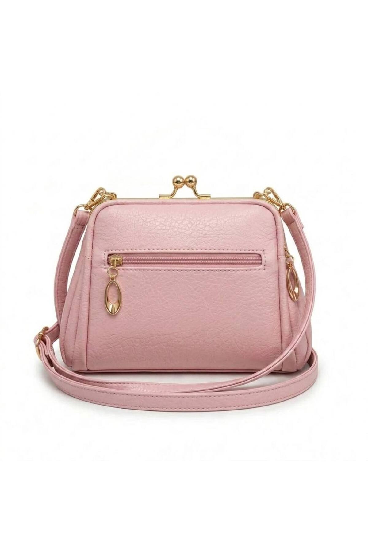 Powder Pink MARSİLYA Washed-Leather Women's Shoulder and Crossbody Bag with Pleated Detail görünüm 4