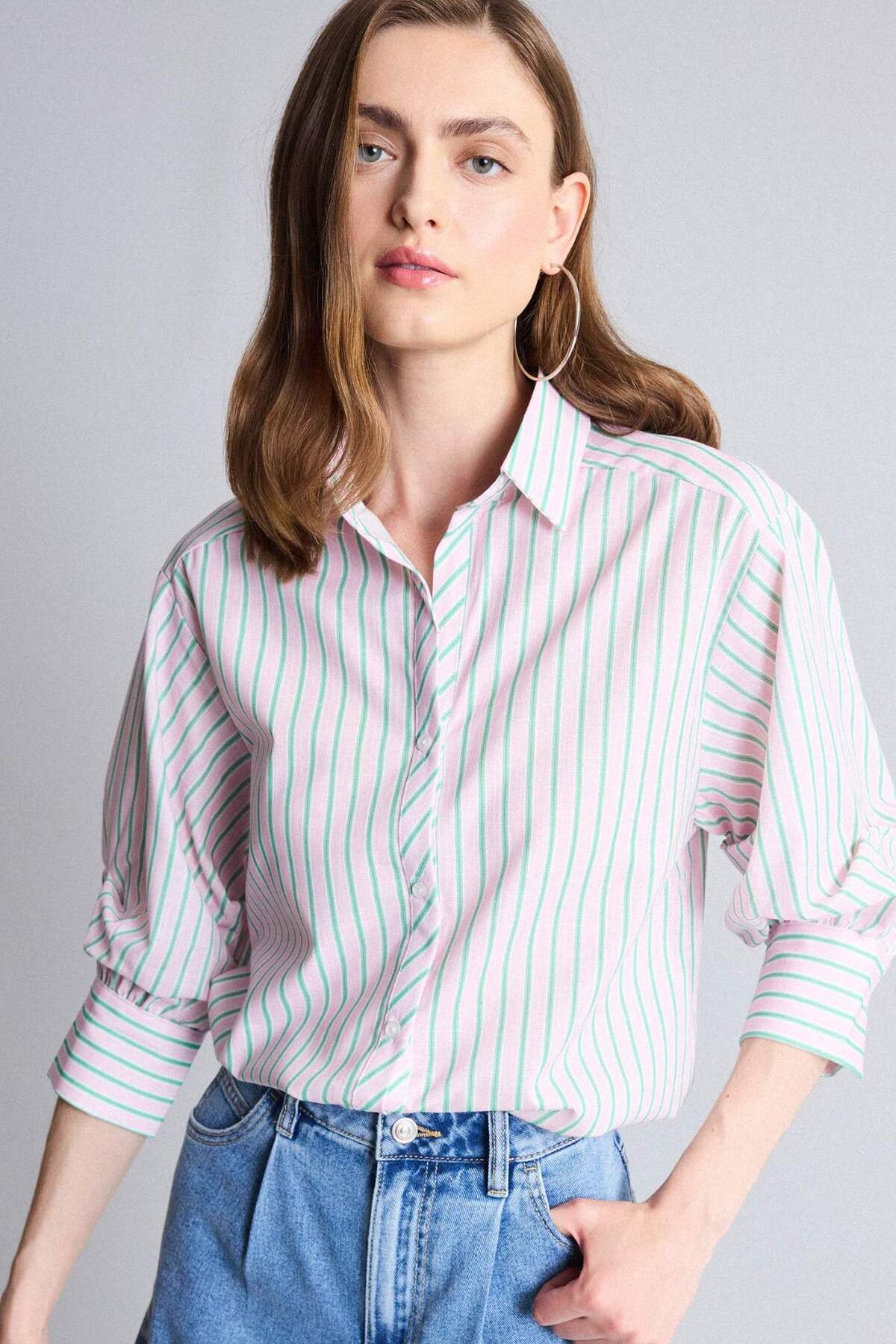 DeFacto 100% Cotton Regular Fit Striped Long Sleeve Pink Shirt H7942Ax26Sm