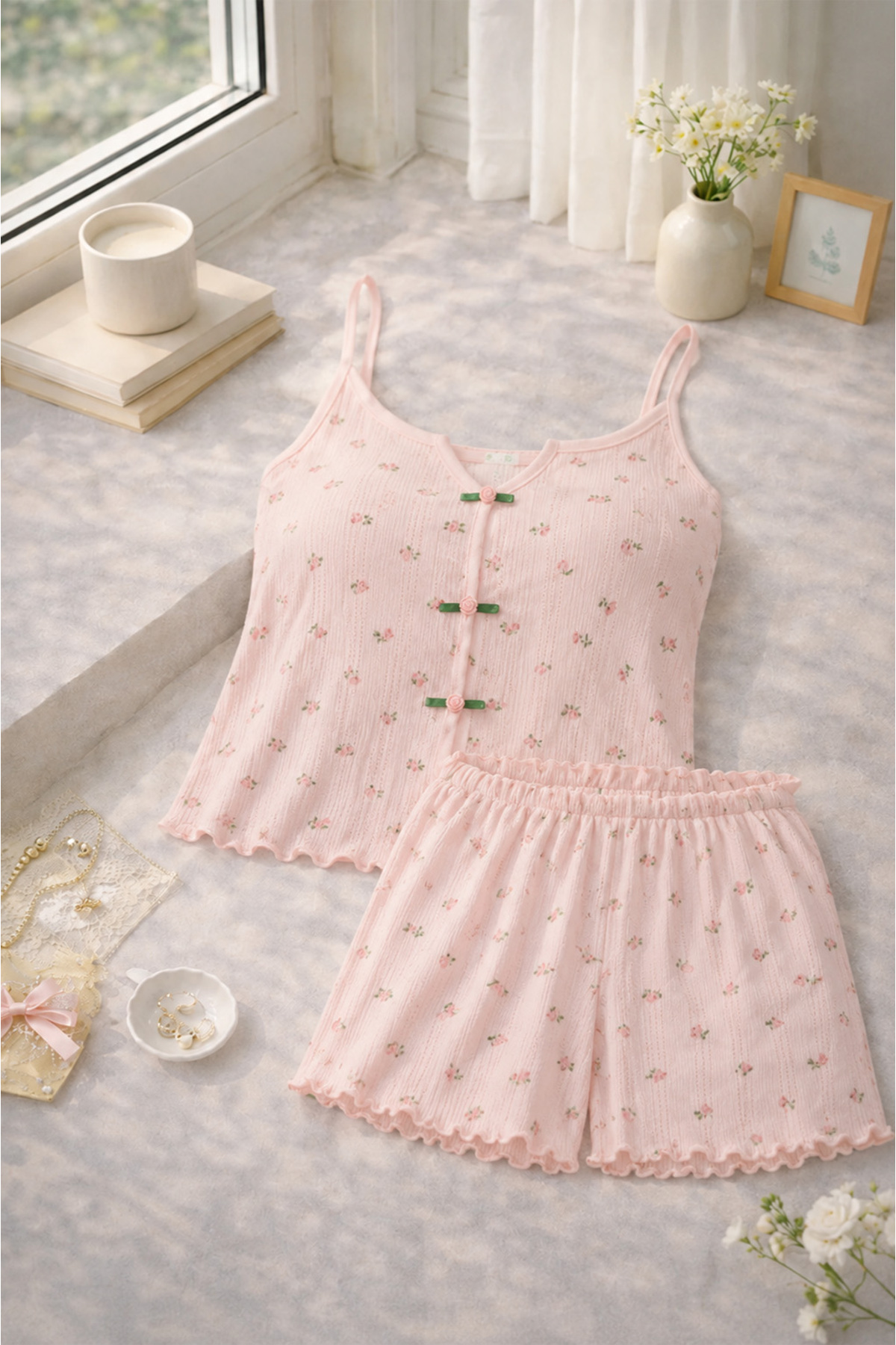 koza iç giyim Women's Floral Print Rose Bow Rope Strap Shorts Set