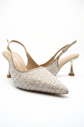 Assortie Chic Havyar Boncuklu Taşlı Kadeh Topuklu Abiye Slingback Ayakkabı 9CM