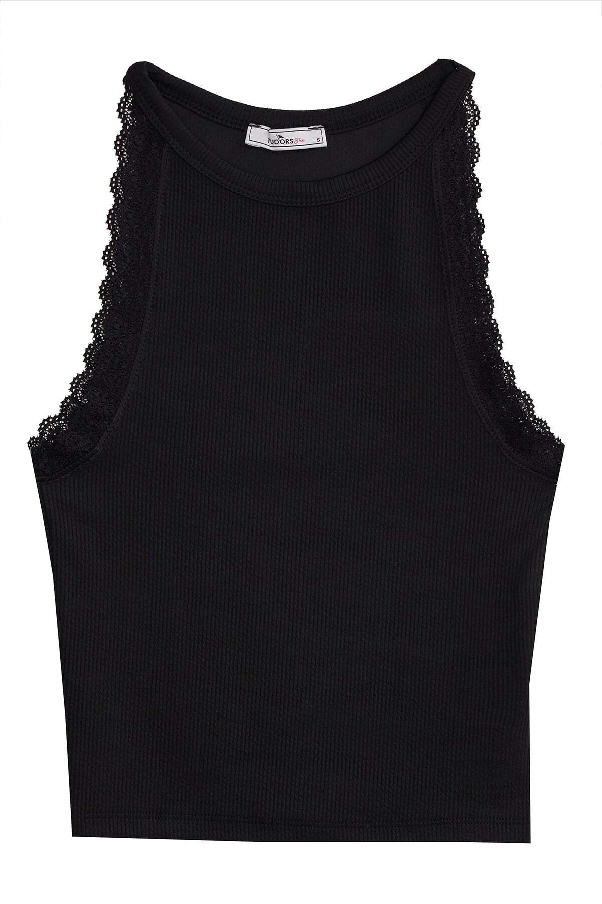 Tudors Women's Slim Fit Halter Neck Sleeveless Lace Detailed Black