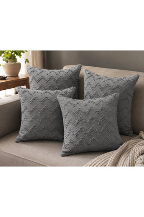 ZEGPAR Kırlent Kılıfı 4 Adet Gri Pamuklu Saçaklı Şönil Kumaş 43 x 43 cm
