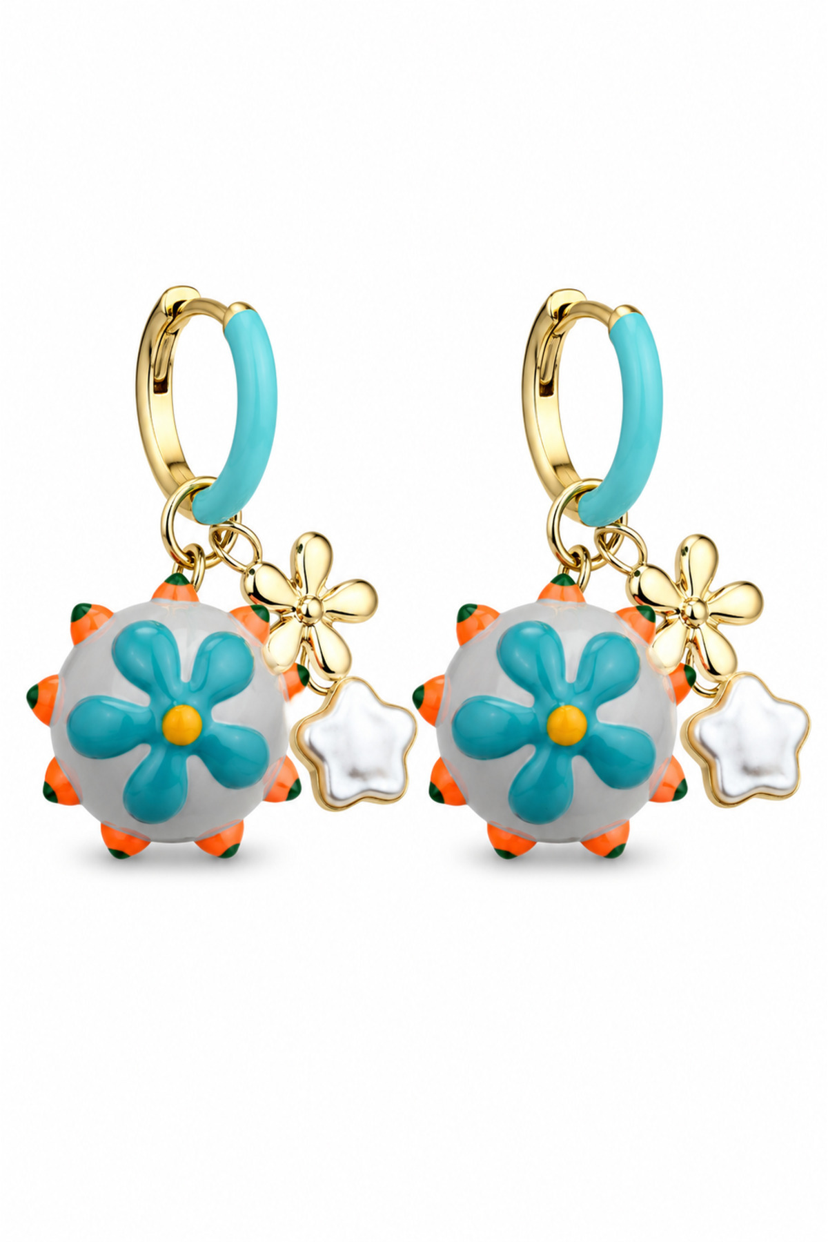Yellow Plated Colorful Enameled Floral Steel Hoop Women's Earrings