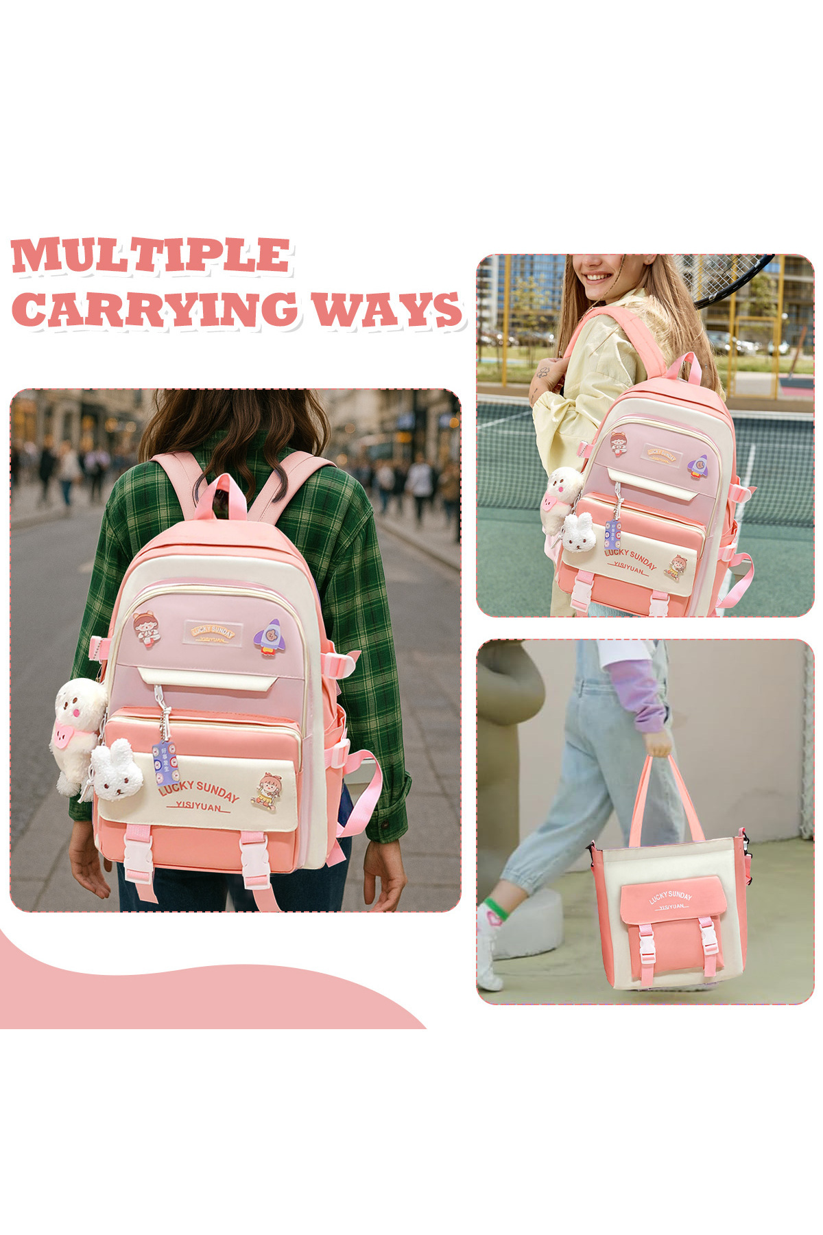 HI-FINE 5-Piece School Backpack Set, Cute Casual Student Backpack with Tote Bag, Pencil Case, Crossbody Bag & Coin Purse, Lightweight Large Capacity Daypack for Girls Boys