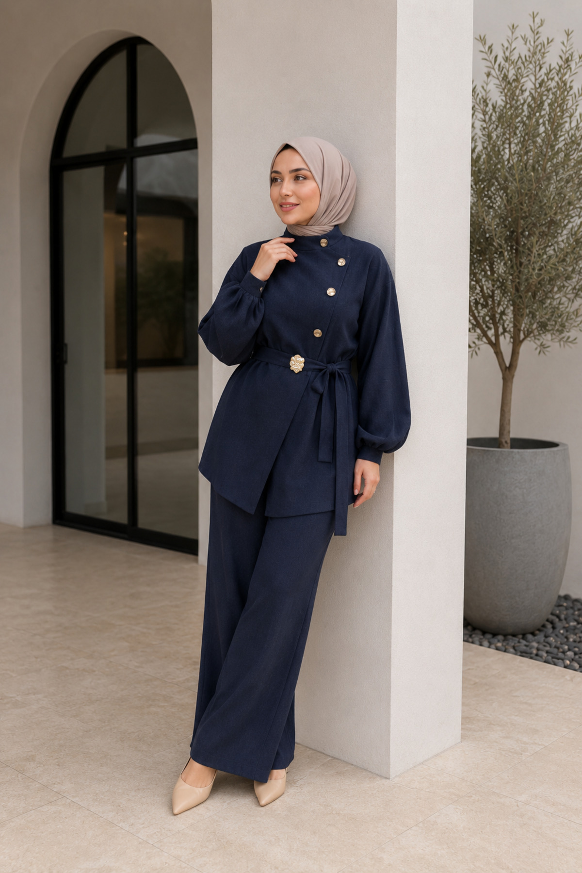 unika boutique Düğme Detaylı Kuşaklı Tunik Pantolon Tesettür Ikili Takım görsel 4