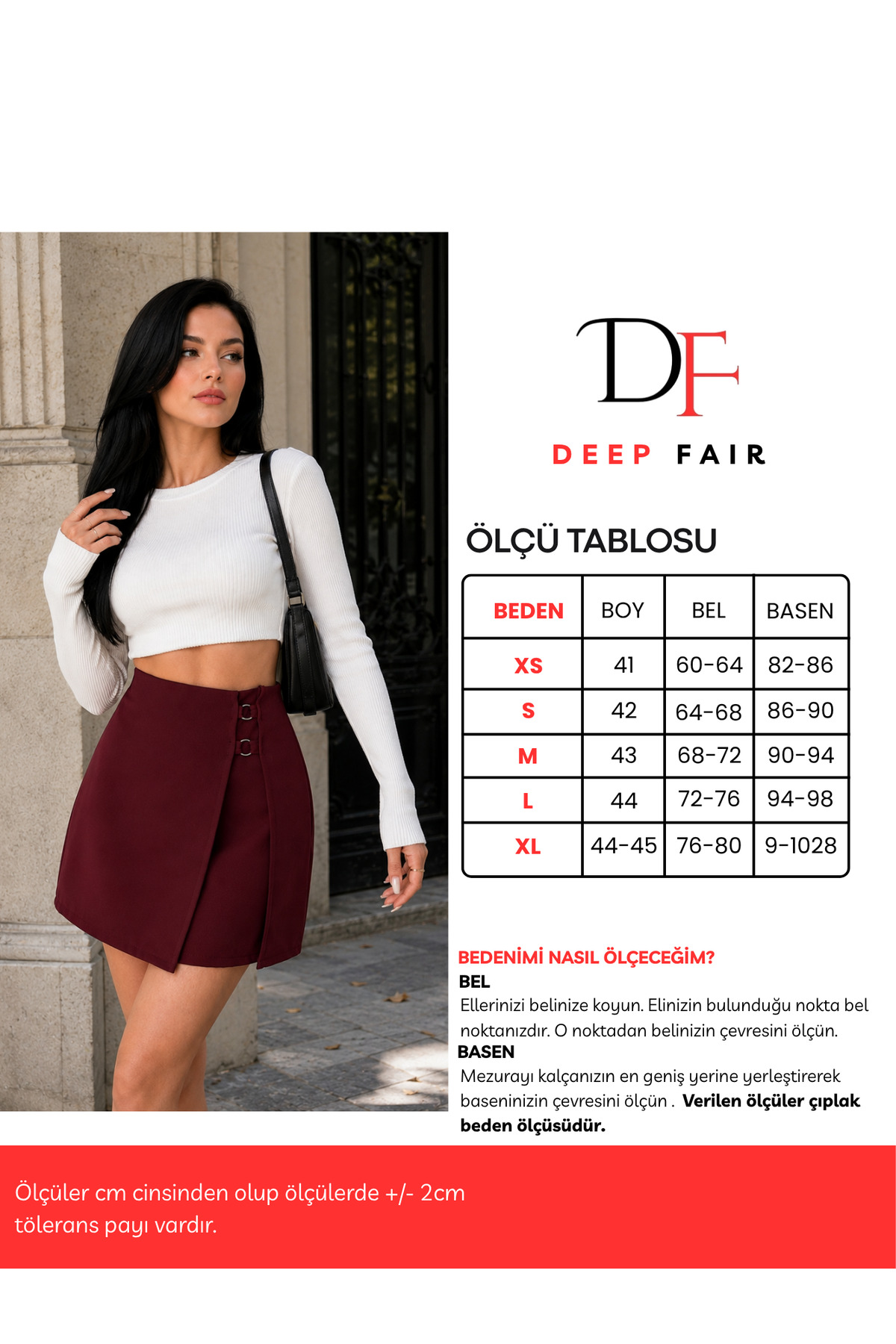 DEEP FAIR Kadın Yüksek Bel Kruvaze Detaylı Bordo Dokuma Mini Etek CM26ET03485 görsel 6
