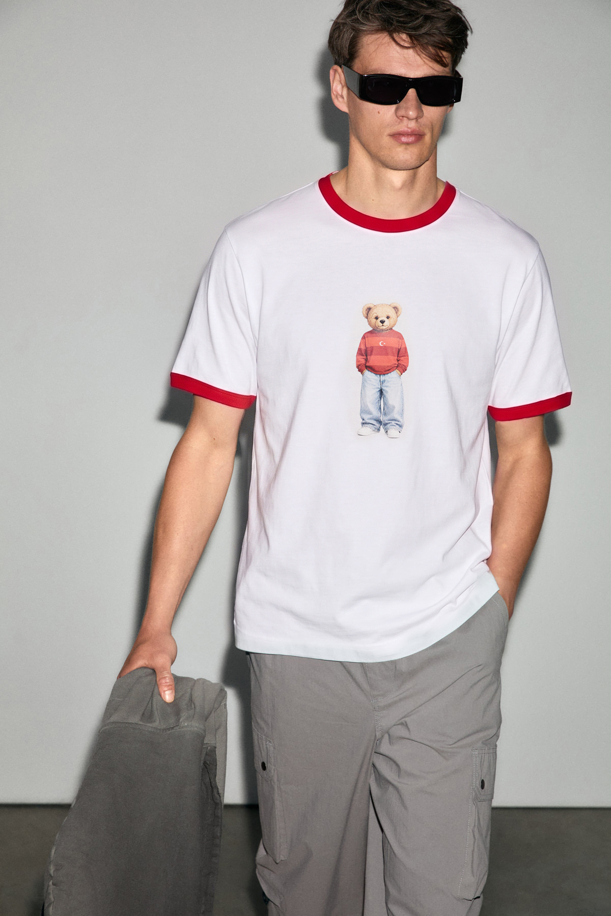GRIMELANGE BAMSI Erkek %100 Organik Pamuklu Kontrast Yakalı Dünya Kupasına Özel Baskılı Beyaz T-Shirt görsel 2