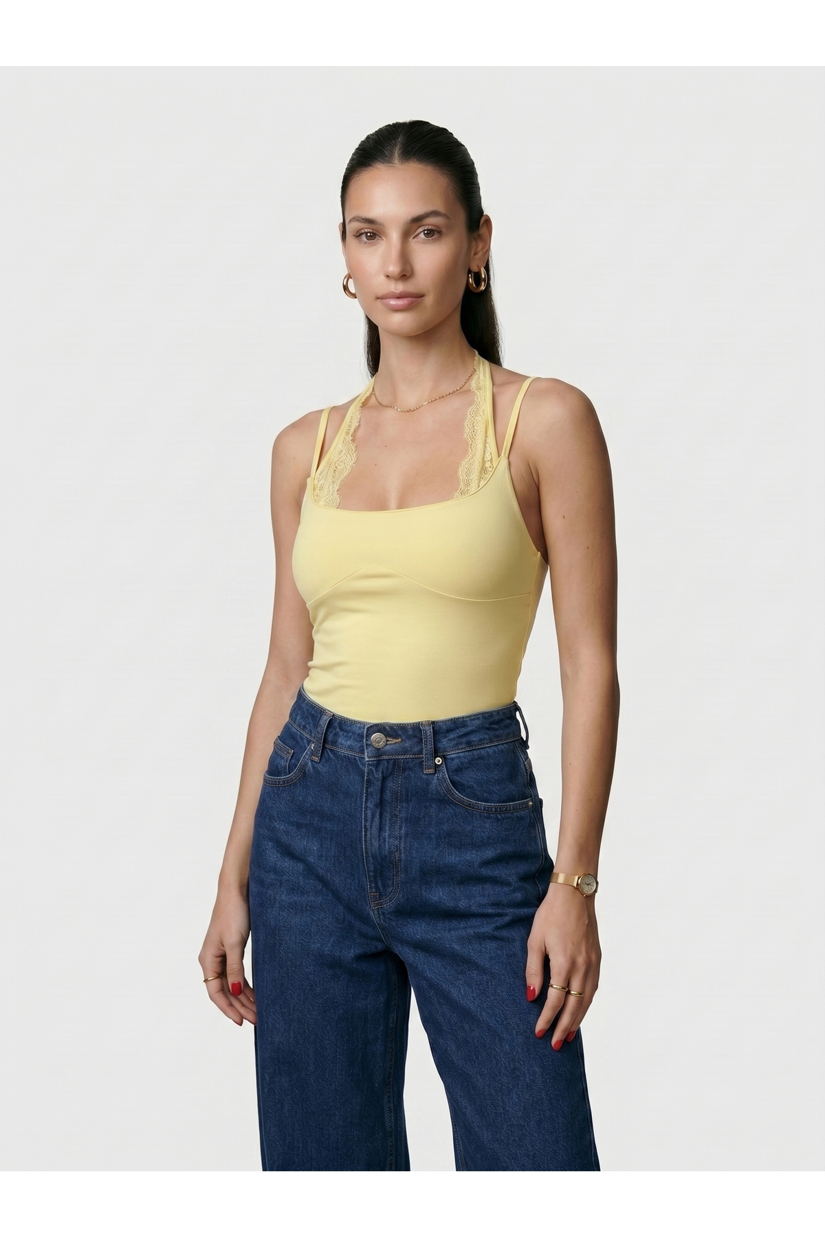 Kadın Dantel Yaka İnce Askılı Çıtçıtlı Body Slim Fit Dar Kalıp Likralı Bodysuit - Sarı