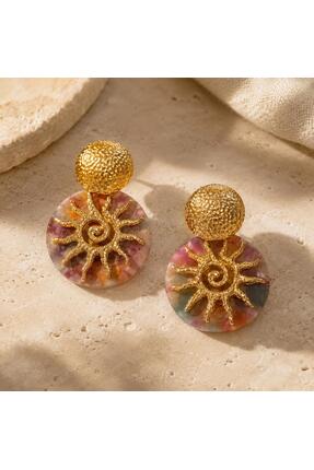So Much Accesories Gold Dokulu Güneş Figürlü Renk Geçişli Asetat Küpe