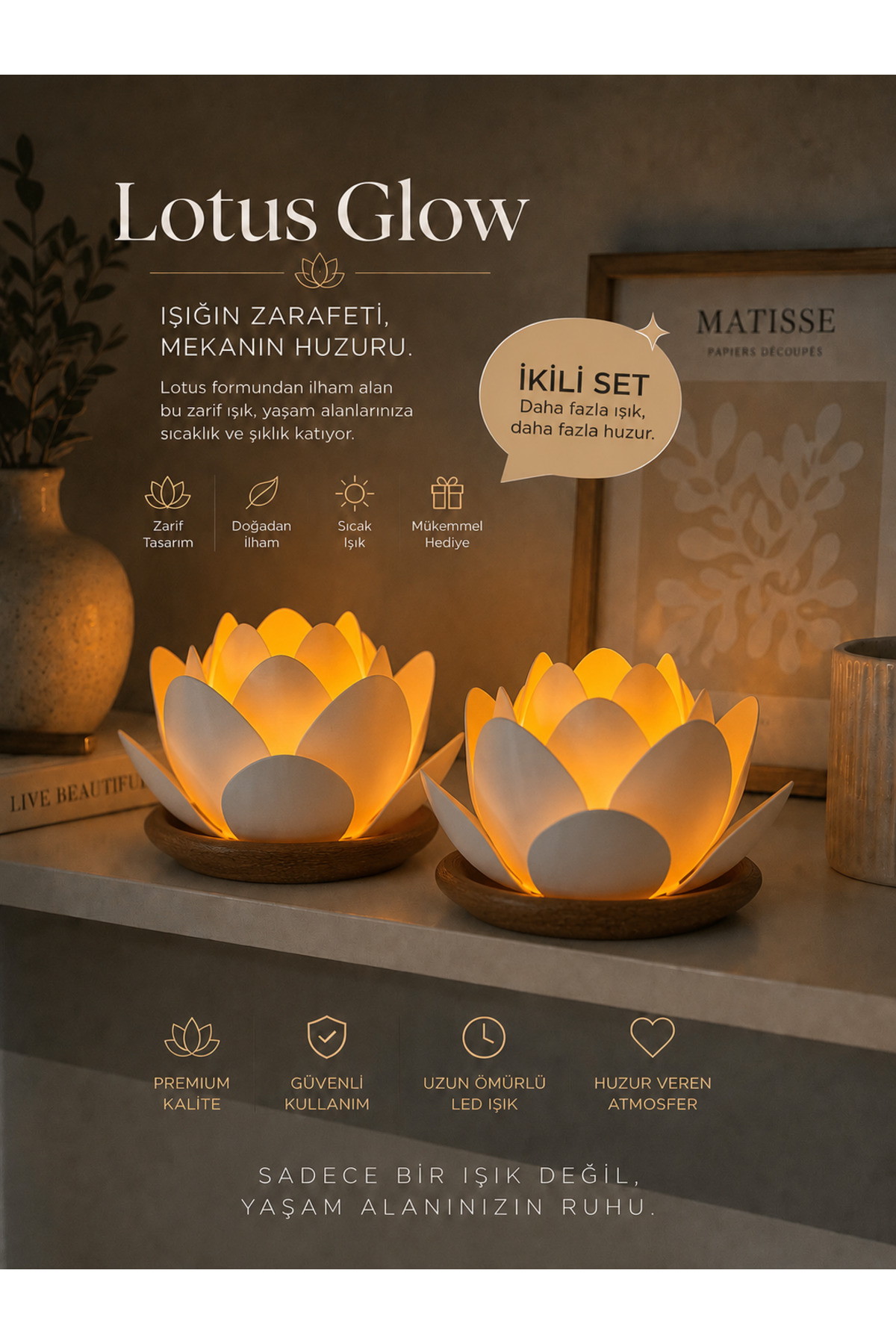 Lotus Double Set led Candle Holder – Decorative Lotus Flower Night Light – Bioplastic Design – 8.5 x 7 cm ne