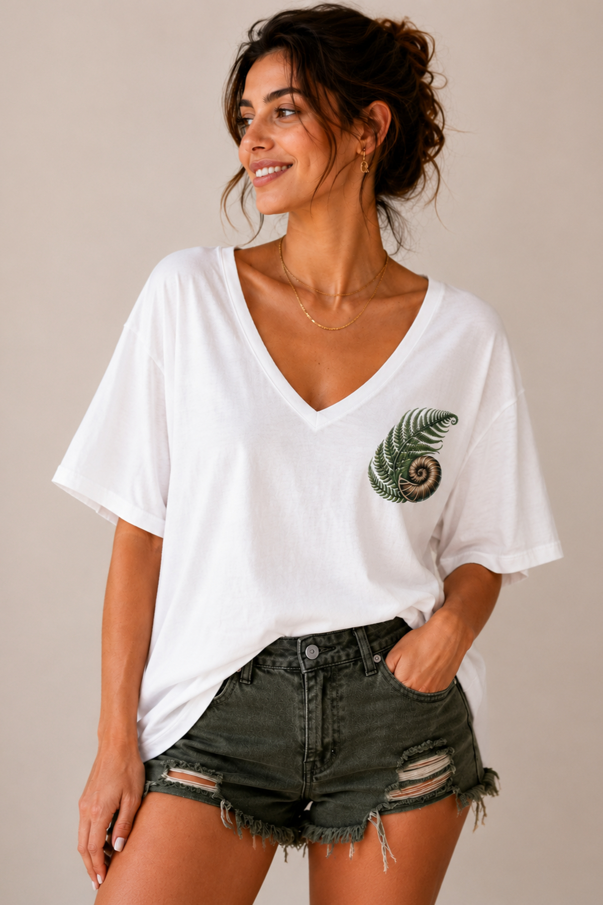 ArtYus Yaprak ve Salyangoz Baskılı V Yaka Salaş Unisex Oversize Tişört - Pamuklu Günlük T-Shirt