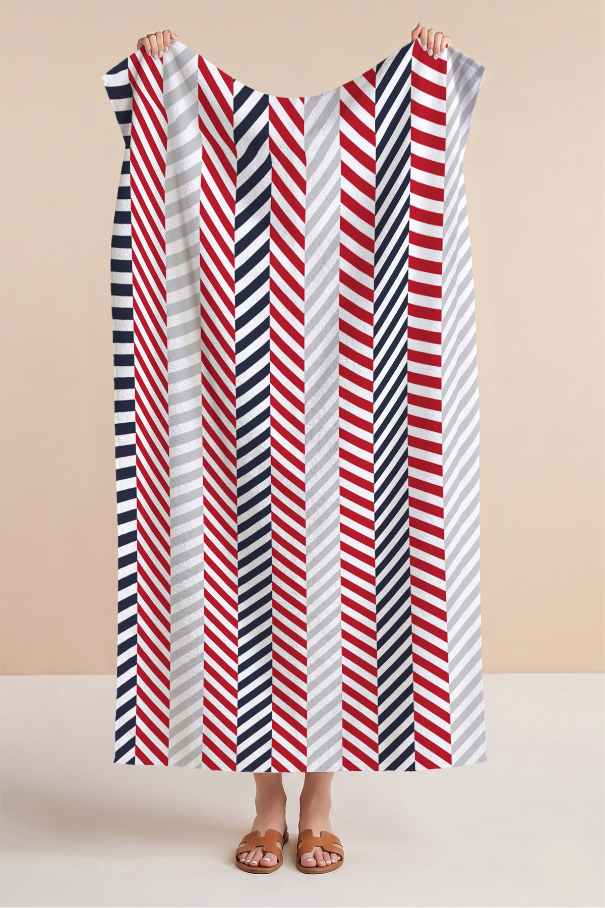 Striped Marine Beach Towel - Modern Red Navy Blue White Fast Drying Microfiber Towel