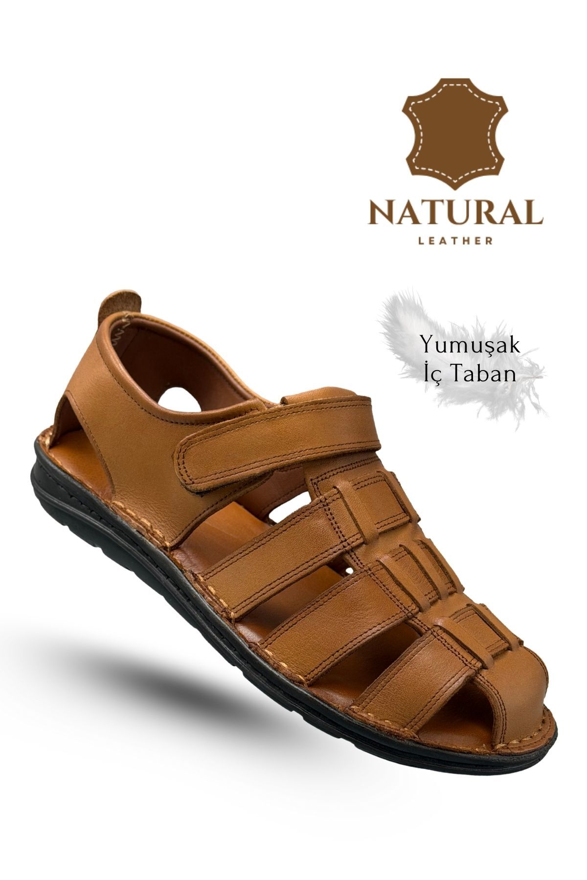 sermoda %100 Hakiki Deri Burnu Kapalı Erkek Sandalet Taba görsel 2