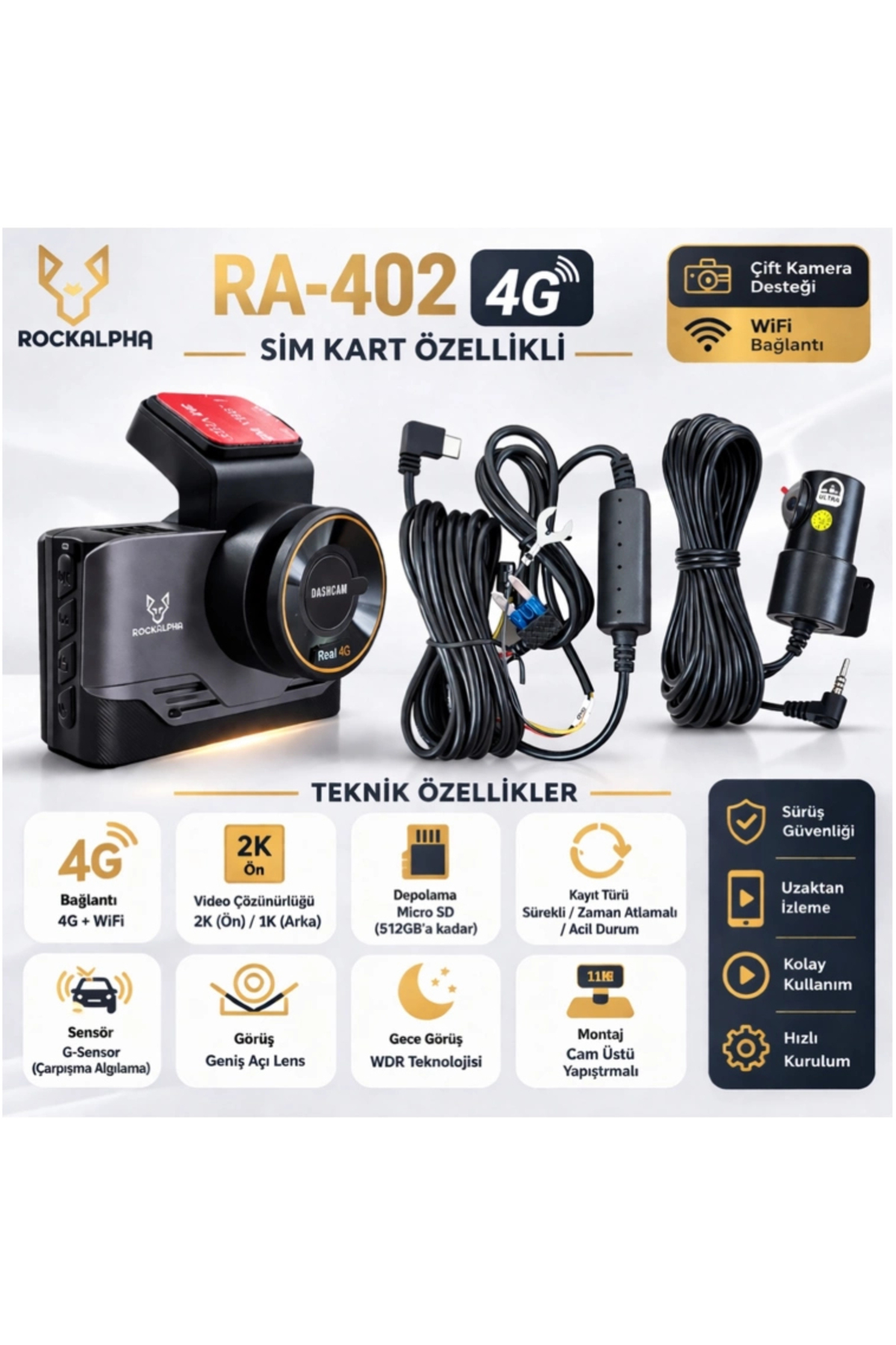ROCKALPHA Araç Kayıt Kamerası - RA-402 Uzaktan izlemeli Sim Kartlı