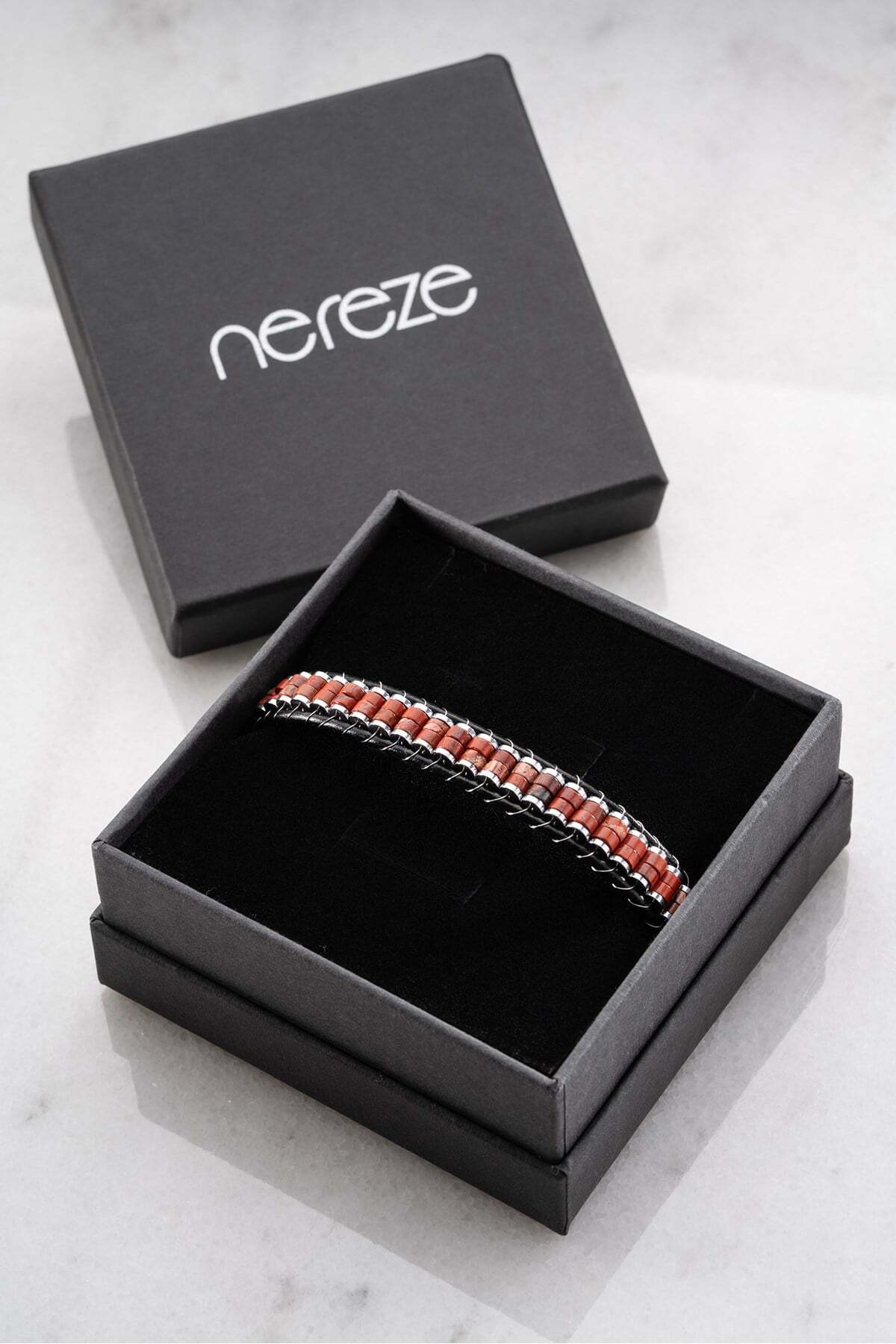 Men's Steel Bracelet with Red Casper and Hematite Natural Stone