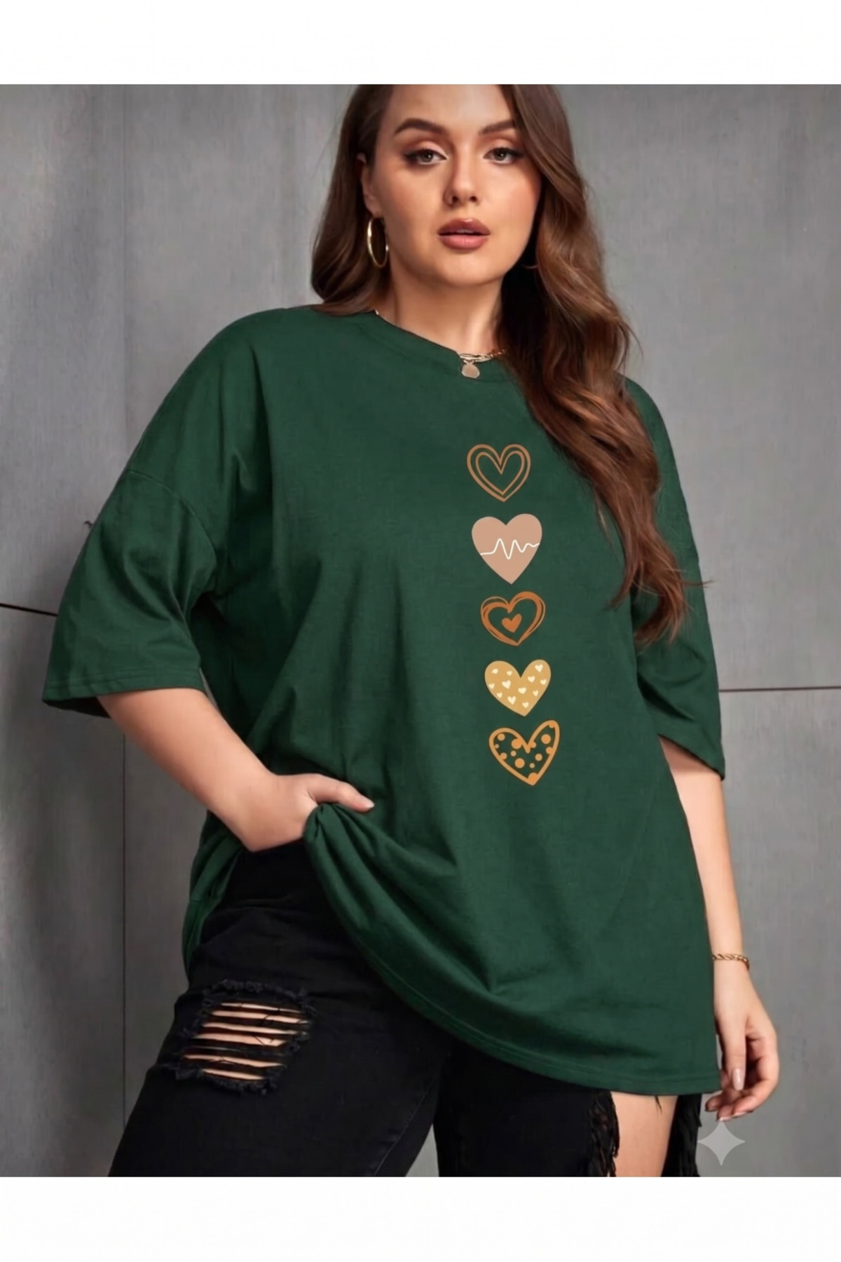 HEAVEN WEAR  YEŞİL Palo Santo KADIN BÜYÜK BEDEN KALP BASKILI TSHİRT