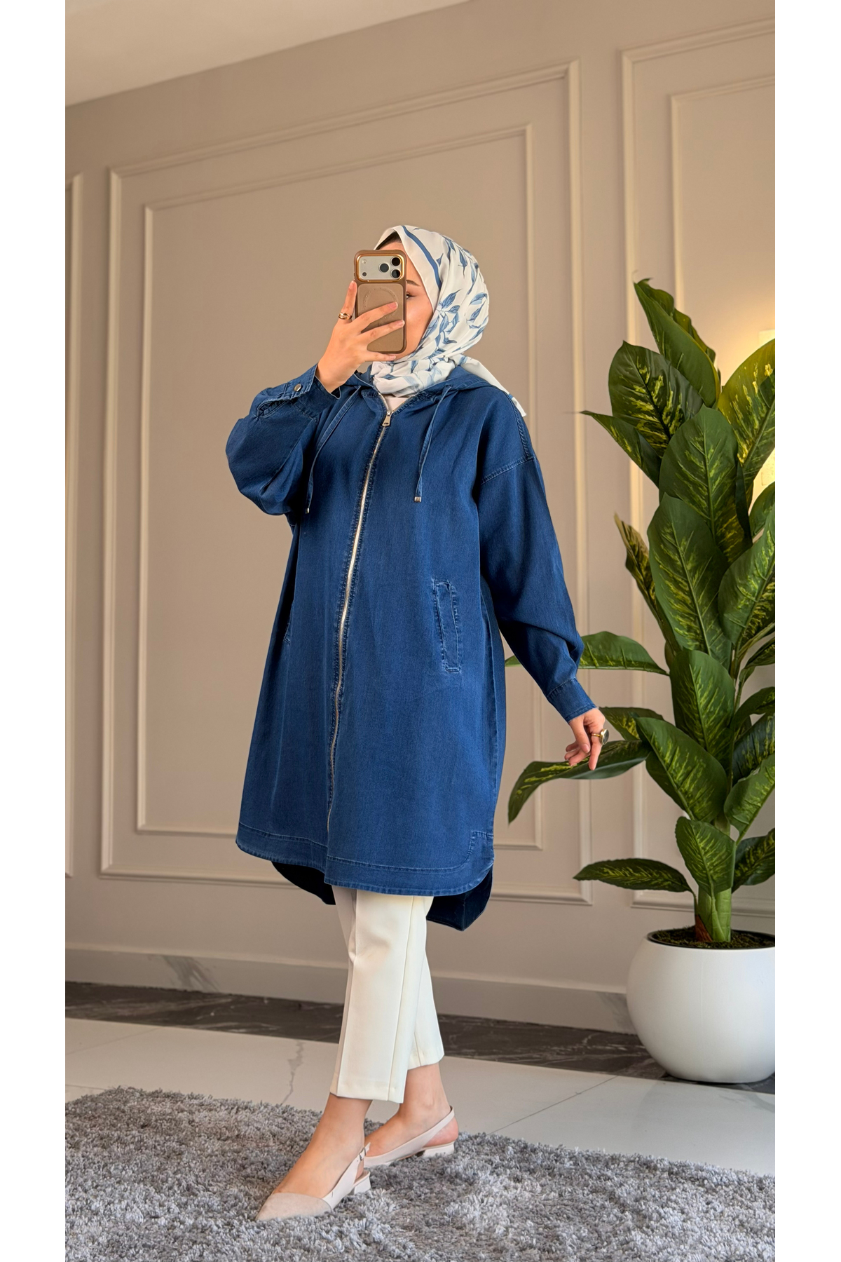 Suede Style 6540 - Şık Rahat Fermuarlı Kapüşonlu Uzun Salaş Kadın İnce Kot Kap Tunik