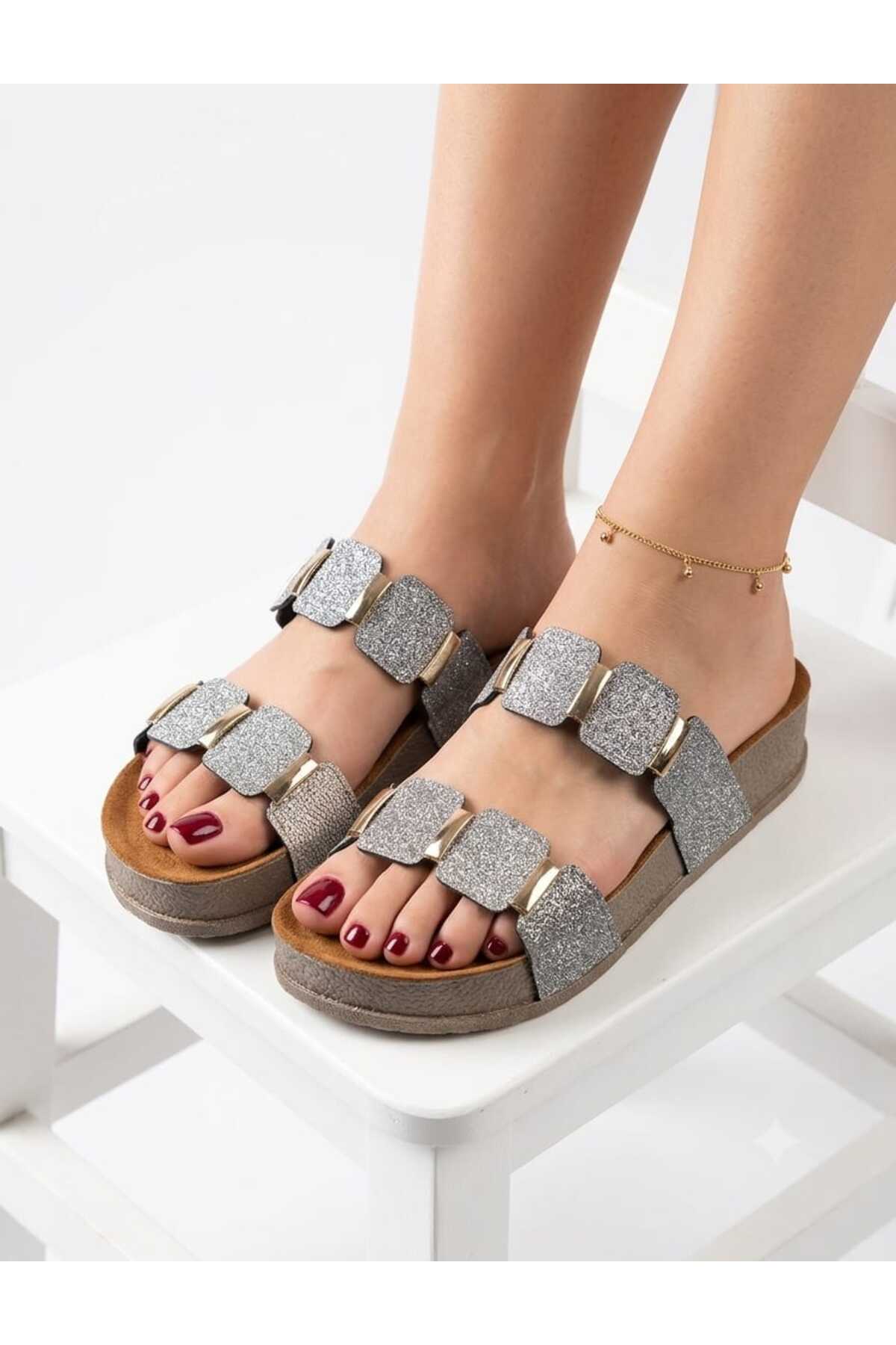Women's High Sole Stone Detailed Cork Sole Slippers-SILVER