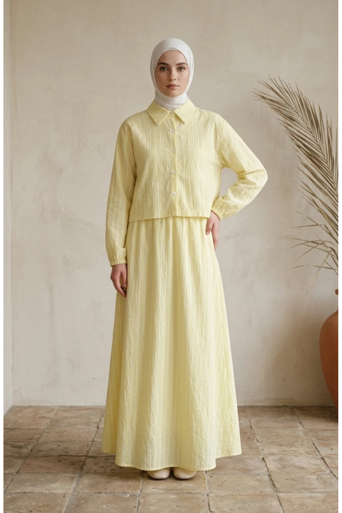 sefamerve Striped Modal Shirt Collar Hijab Double Set 0328-04 Yellow