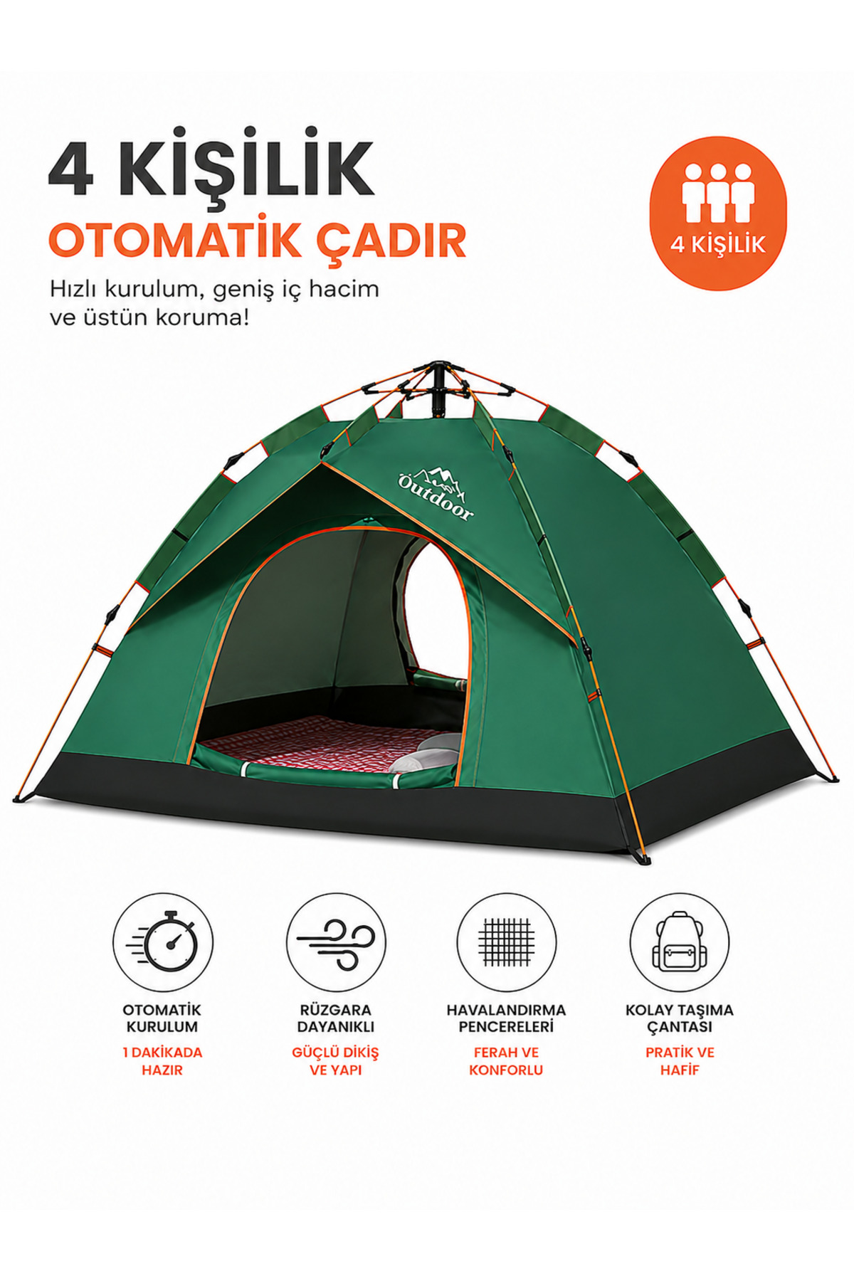 Realx 4 Kişilik Tam Otomatik Kurulum Dayanaklı Gölgelikli Kamp Çadırı 2 Kapılı-Sineklikli 200x200x135 Cm