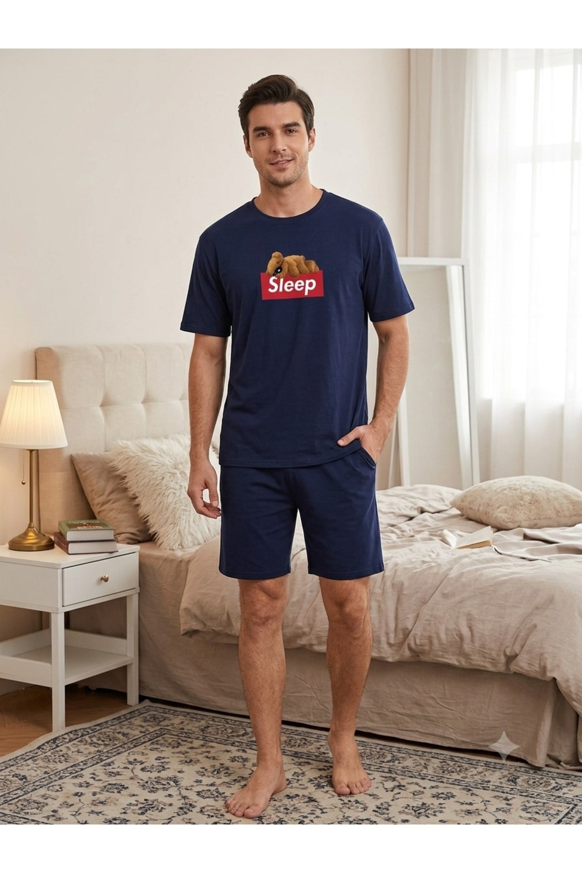 Pijamasoft 100% Cotton Teddy Bear Printed Pocket Shorts Short Sleeve Pajama Set