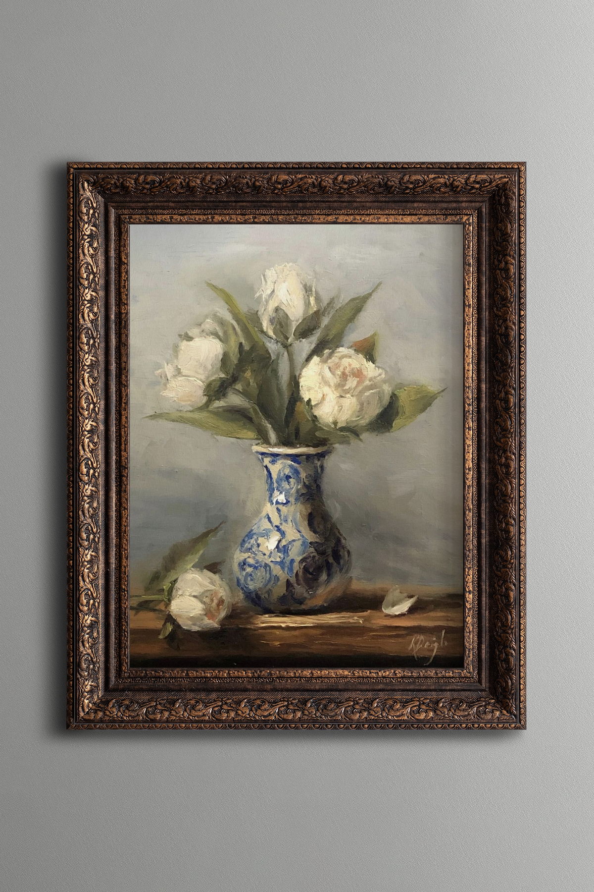 White Roses in a Blue Vase - Vintage Painting - Thick Model