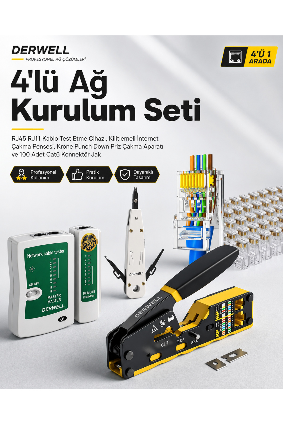 4'lü Ağ Kurulum Seti; RJ45 RJ11 Kablo Test Etme Cihazı, Kilitlemeli İnternet Çakma Pensesi, Krone Punch Down Priz Çakma Aparatı ve 100 Adet Cat6 Konnektör Jak