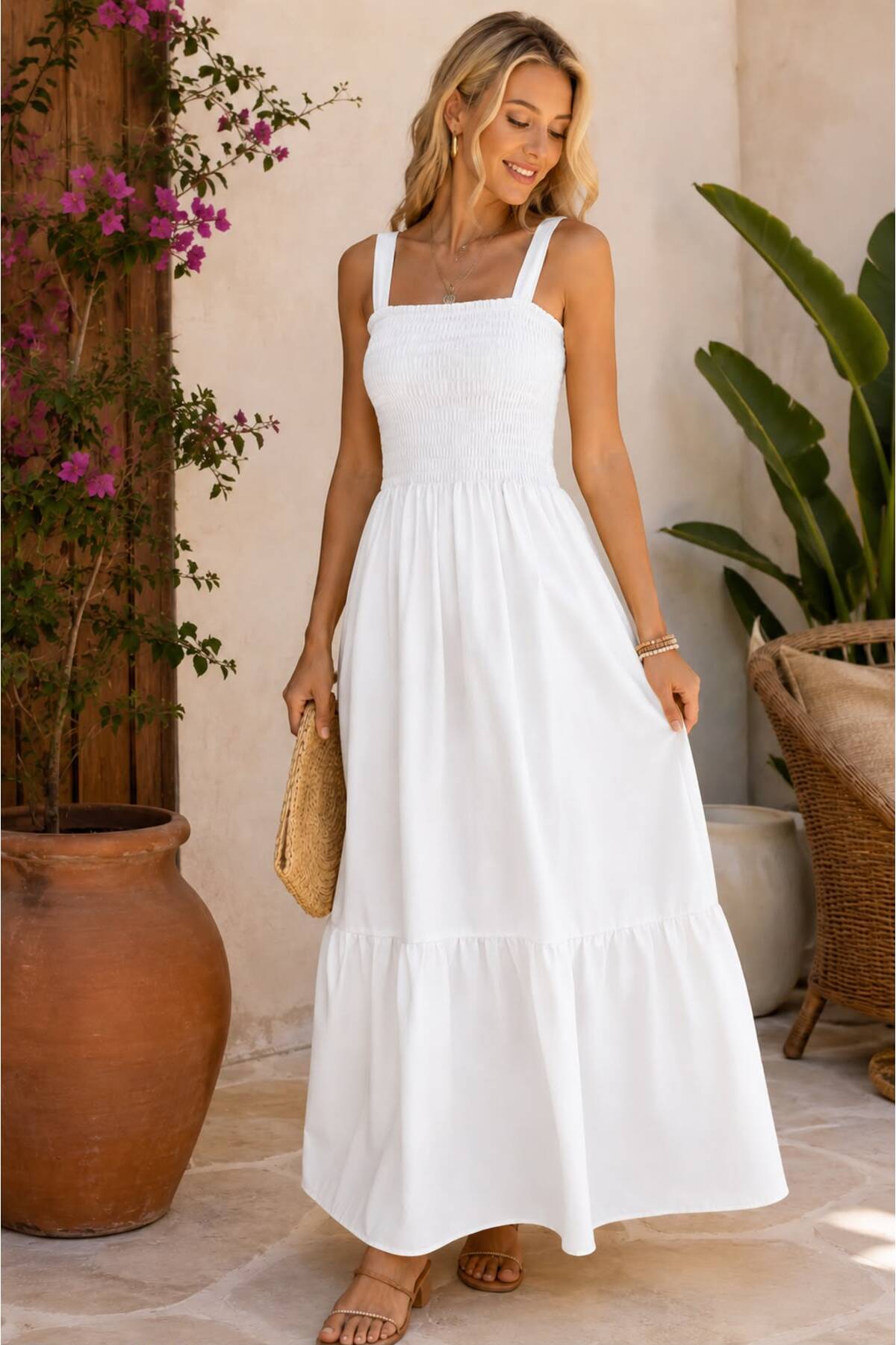rengastyle White Women's Summer Strappy Layered Dress 135cm