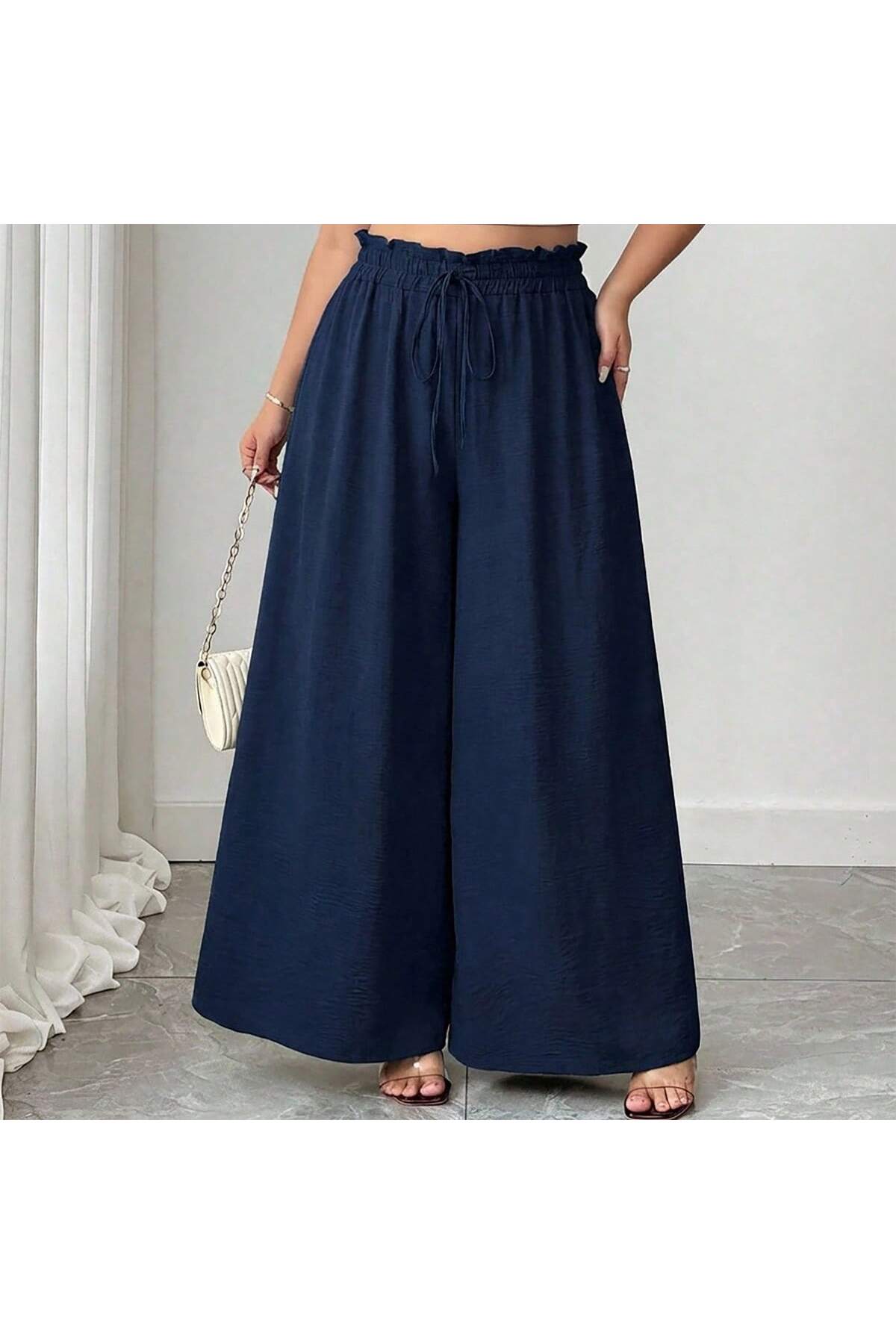 tuzu moda Büyük Beden Pantolon Bol Paça Büyük Beden Beli Lastikli Pantolon görsel 5