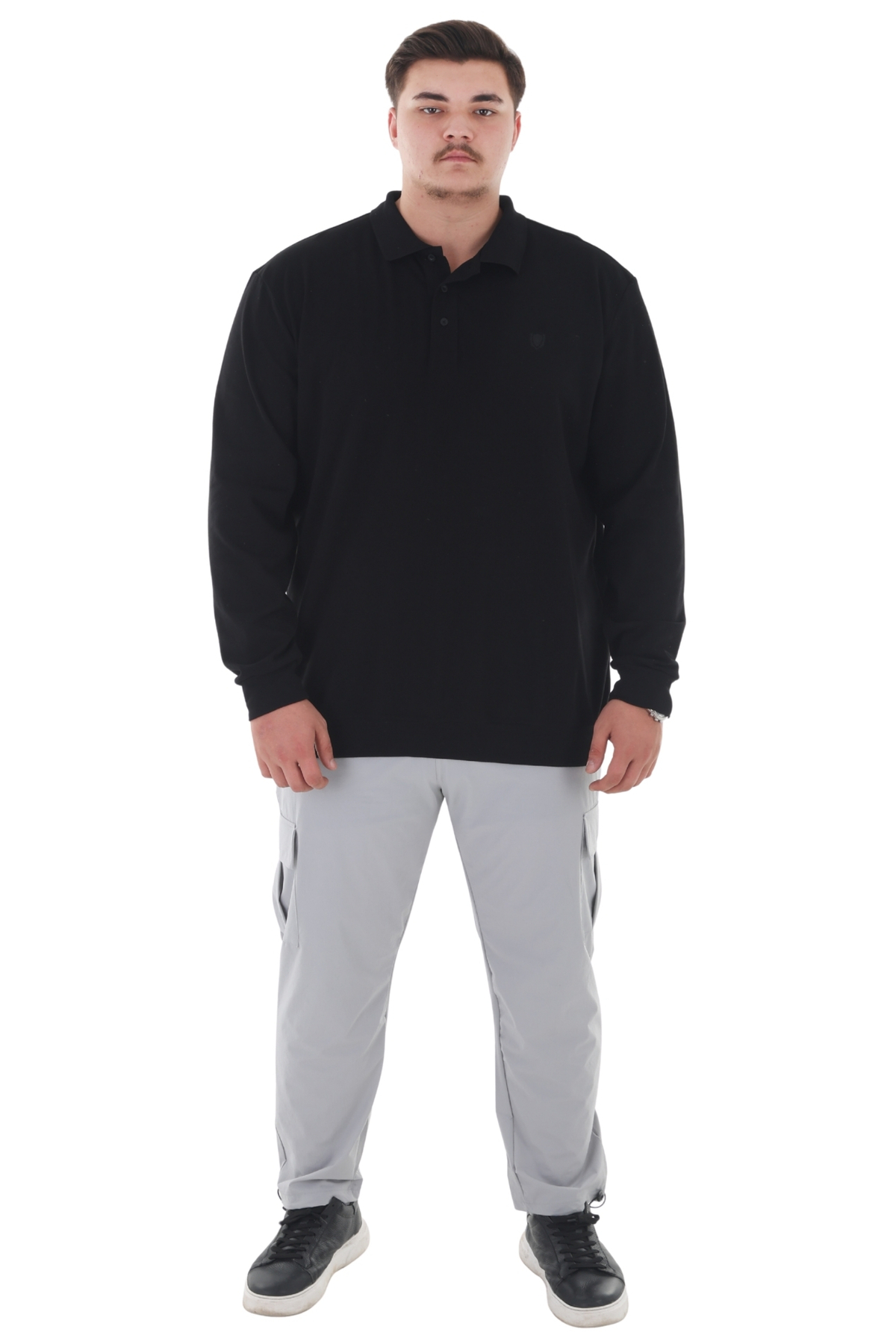 marufshop Erkek Büyük Beden 115-155 Kilo Arası İçin Uygun Uzun Kol Polo Yaka Mevsimlik Sweatshirt Siyah görsel 6