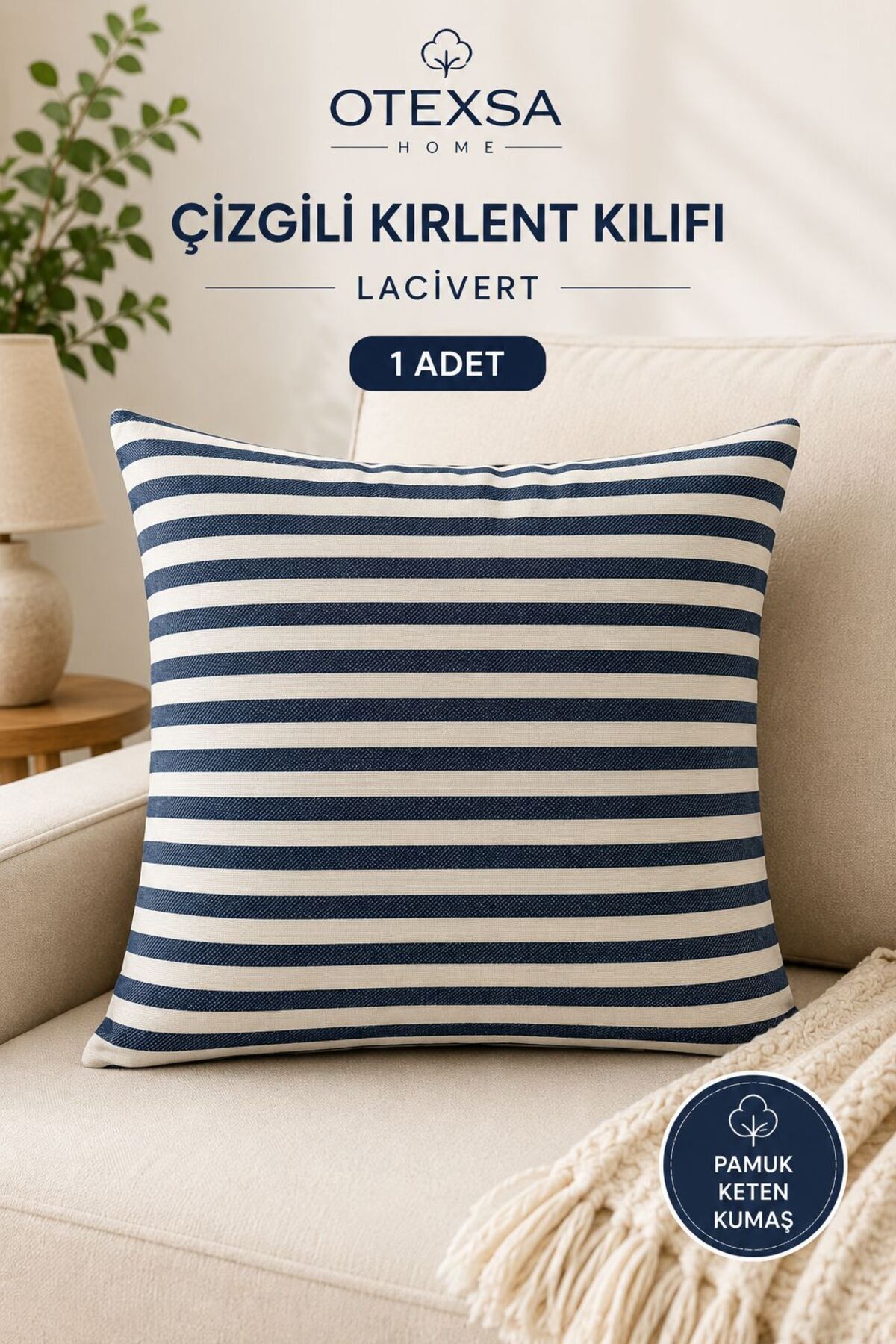 Cotton Linen Double Sided Navy Blue Striped Pillow Case Hidden Zippered 1 Piece