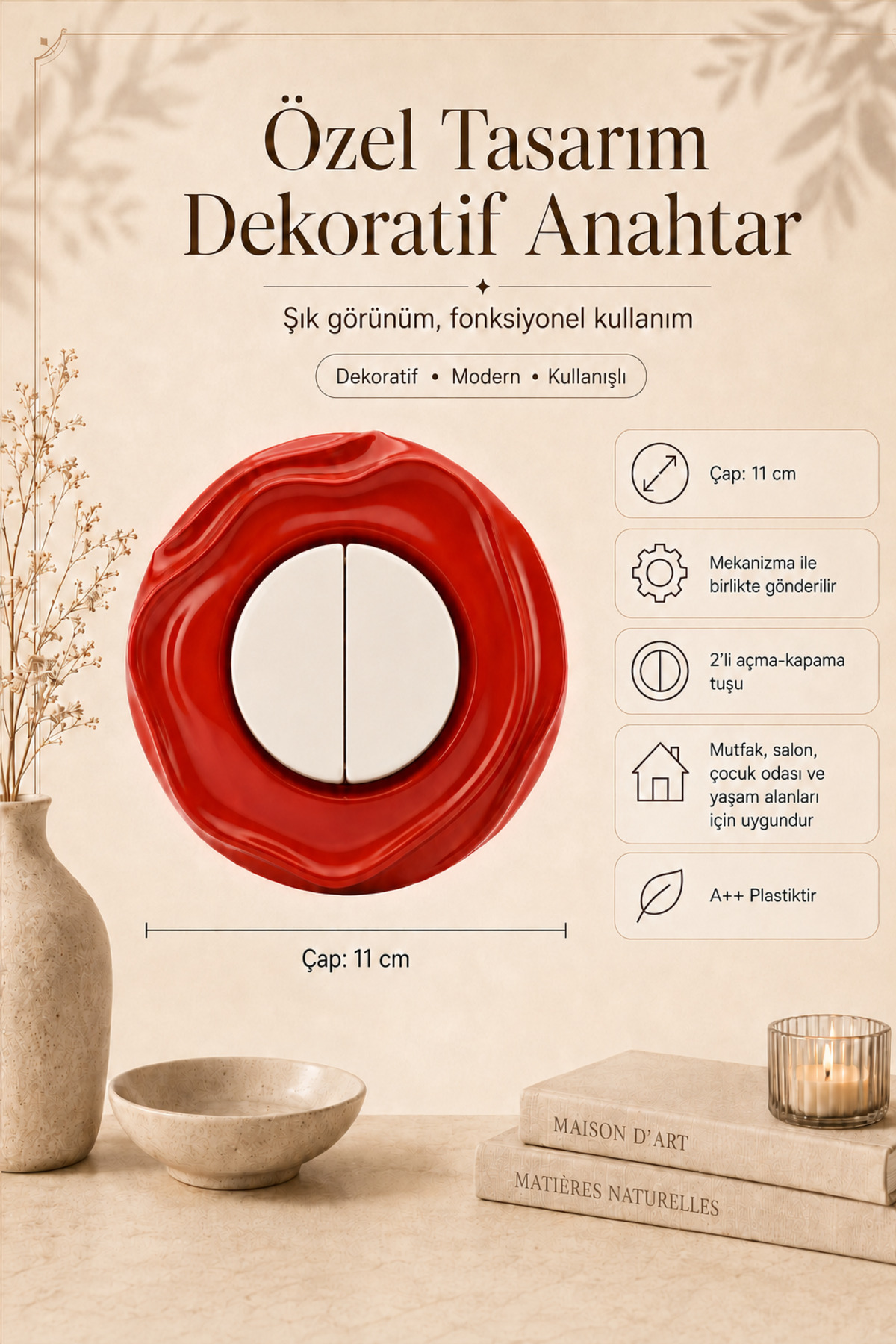 Özel Tasarım Wavy Serisi Dış Kırmızı İç Beyaz Dekoratif Anahtar A Kalite Plastik (Mekanizma Dahildir)
