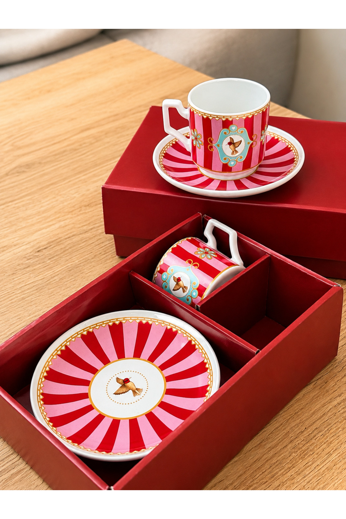 Yumuk Shop Pink Bird 4-Person Special Boxed Coffee Cup Set 90 ml