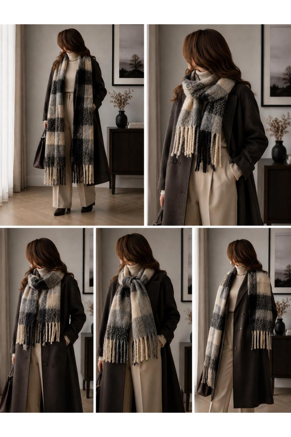 EveryScarf Dama Desenli Yumuşak dokulu Kışlık Şal görsel 3