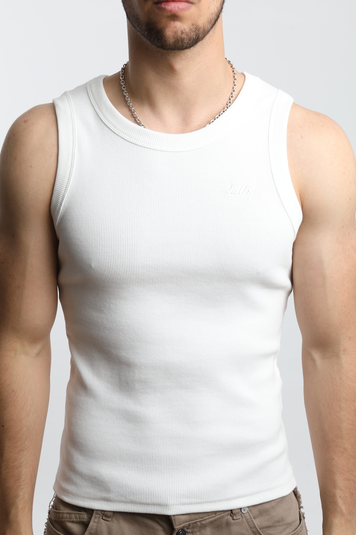 OİR Erkek Fitilli Ekru Renk Tank Top No.1 Likralı Pamuk Kaşkorse Atlet