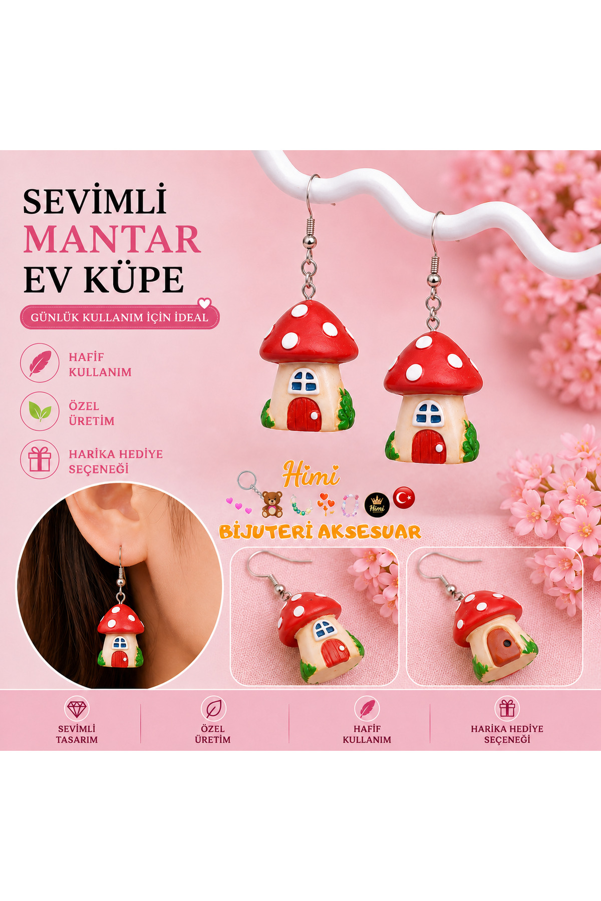 Sevimli Mantar Ev Figürlü Sallantılı Küpe Hafif Tasarım Günlük Kullanım Bijuteri Çocuk Küpesi