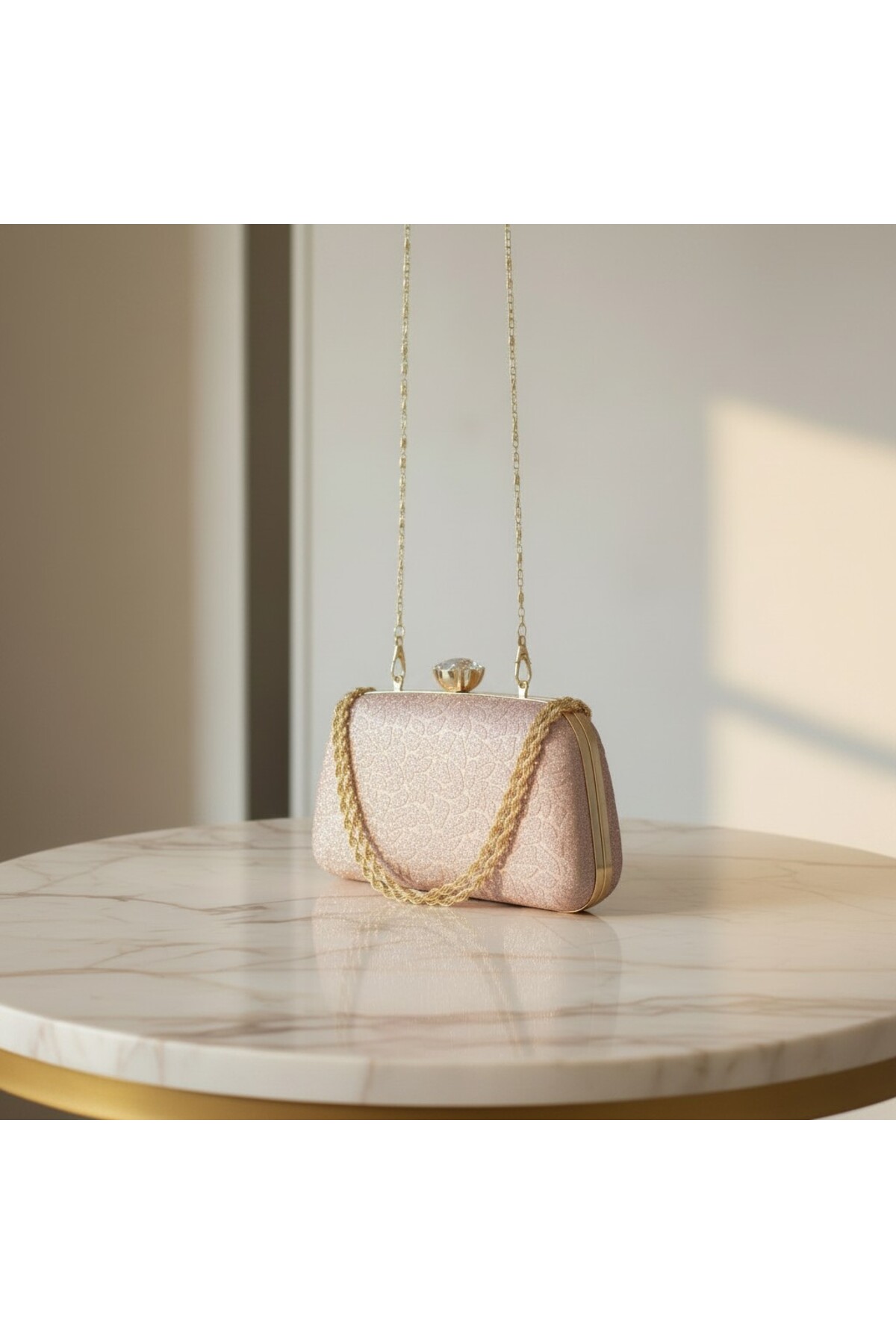 Dilora Kadın Rose Gold Dokulu Simli Abiye Çanta Kristal Taş Tokalı Gold Zincir Askılı Gece Davet Clutch El ve Omuz Çantası görsel 5