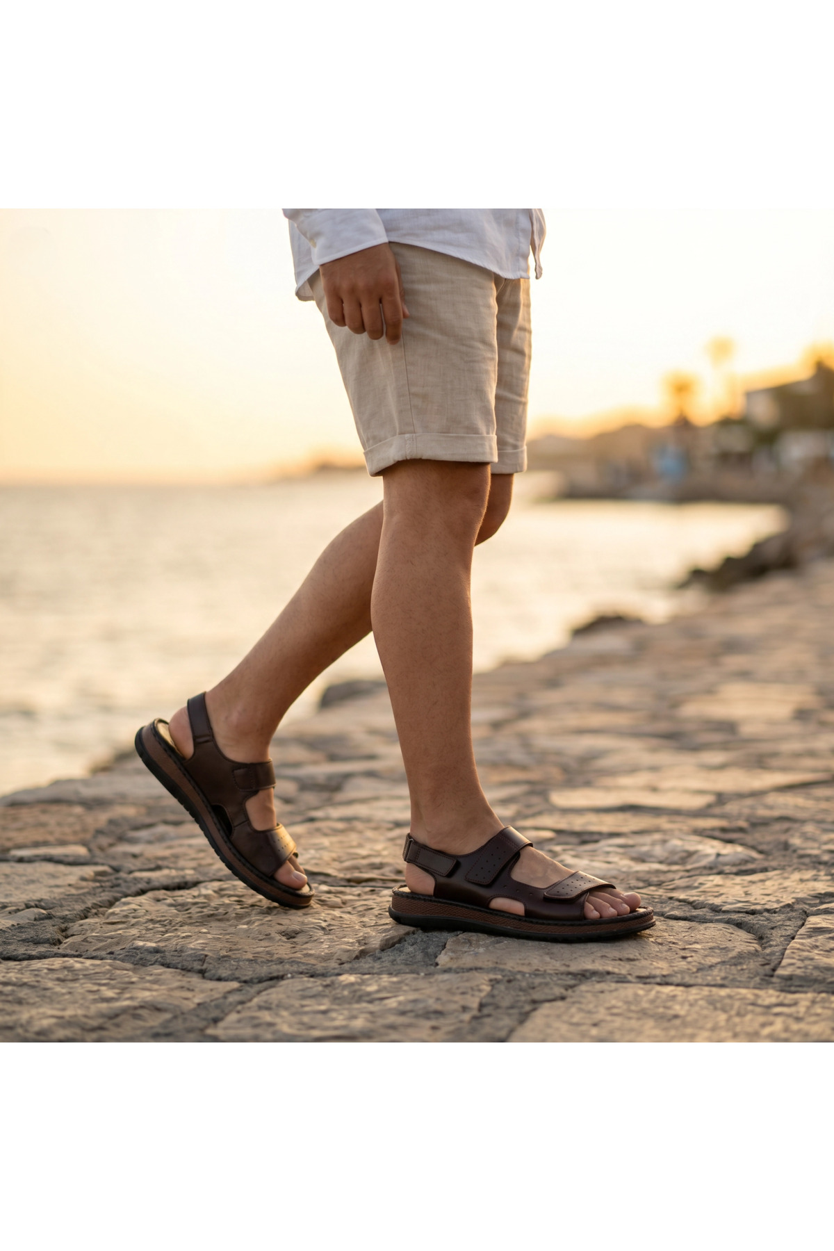 Fame Step Hakiki Deri Unisex Ortopedik Sandalet Acı Kahve Yumuşak Taban Cırtlı Comfort Yazlık Günlük Terlik görsel 5
