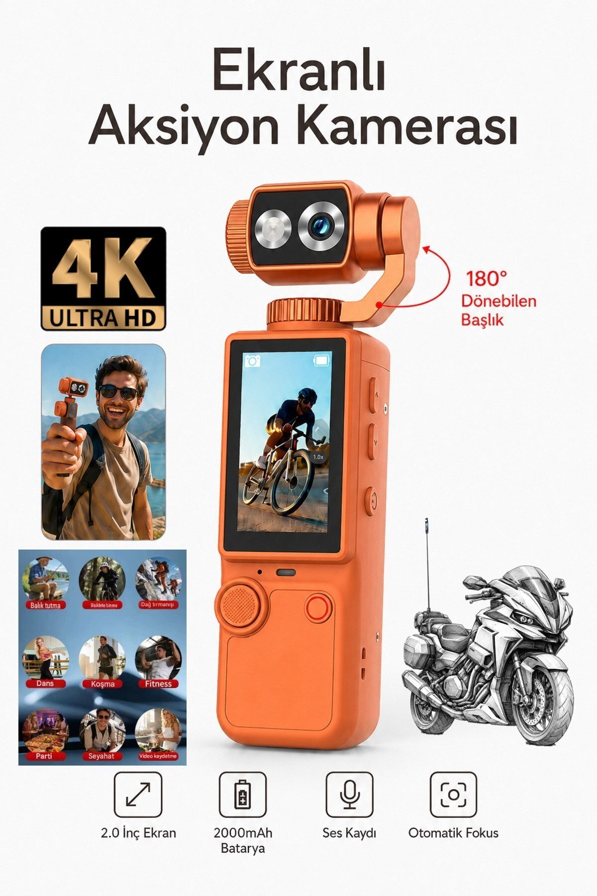 PREPARE Vlog Kamera 4K Ultra HD Mini Aksiyon Kamerası 2.0 inç