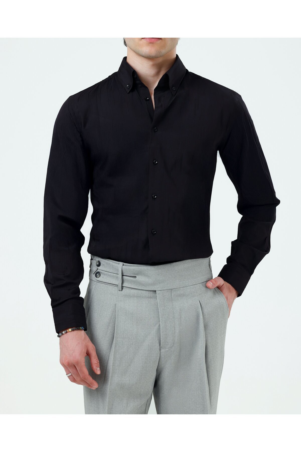İtalyan stil slim fit düğme yaka erkek gömlek siyah T11784 — مشکی