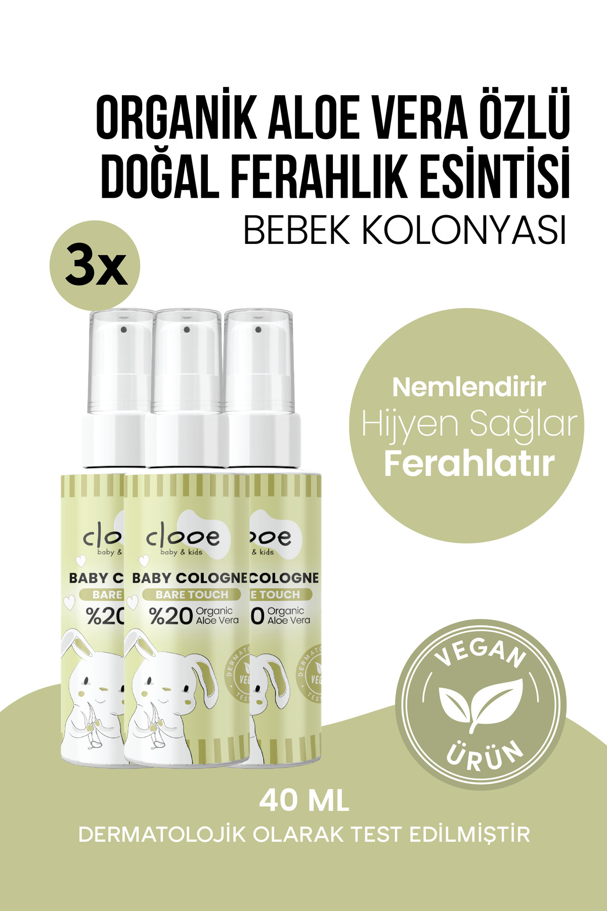 clooe 3'lü Bebek Kolonyası Bare Touch 40 ml - Hafif ve Ferah Notalı - Organik Aloe Vera Özlü — PKA056