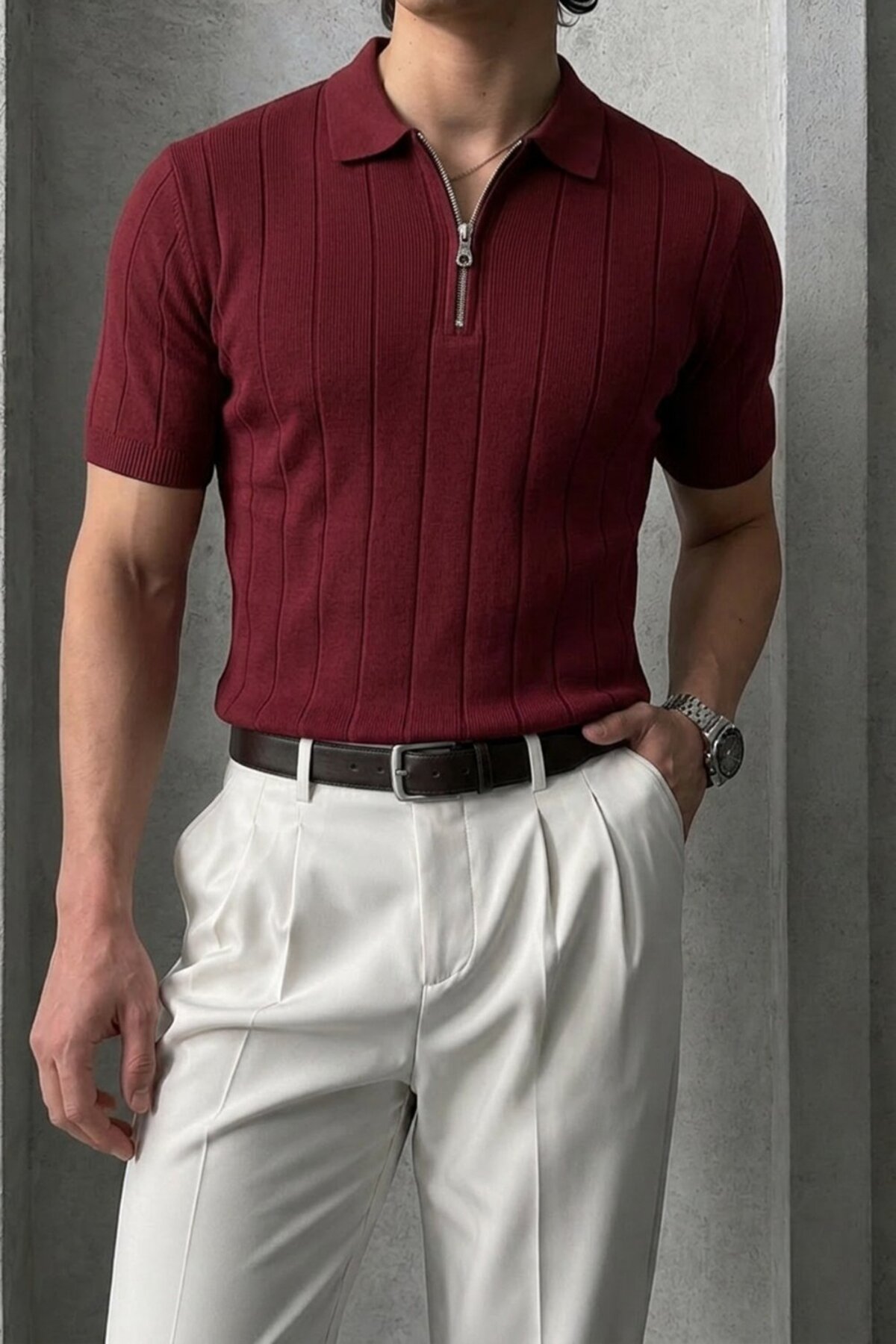 Maccali Men's Casual Striped Zippered Claret Red Polo Knitwear T-Shirt
