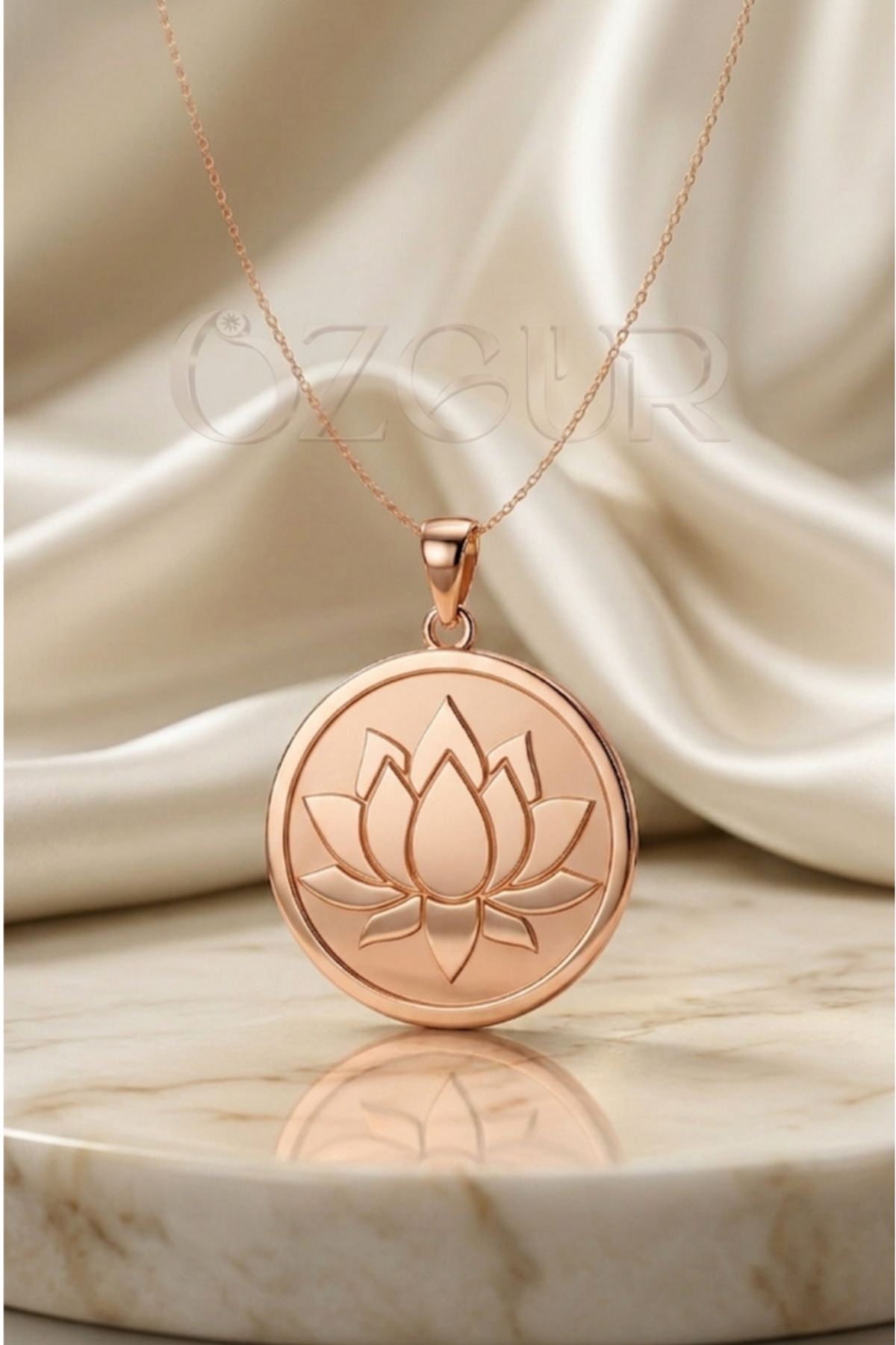 925 Ayar Gümüş Lotus Çiçeği Madalyon Kolye - Rose / 40 cm