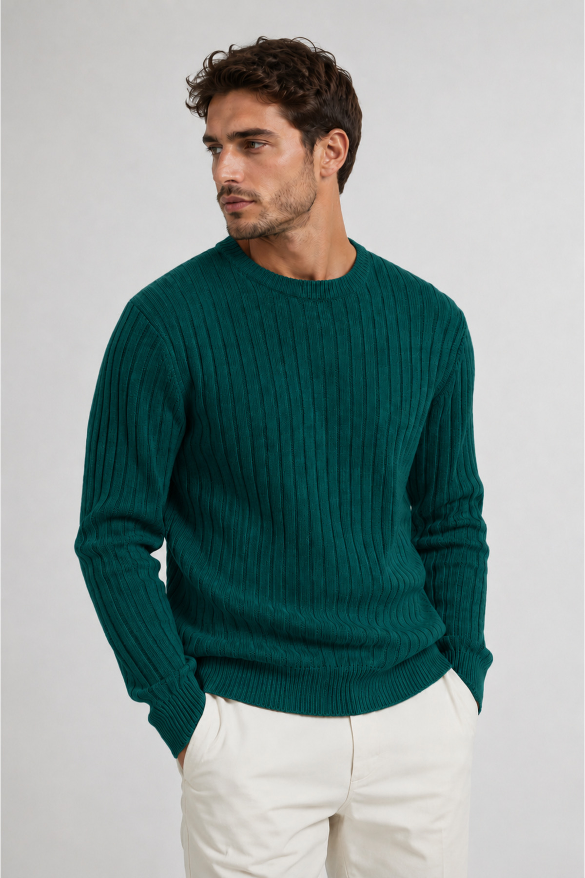 Erkek 3'lü Premium Fitilli Triko Kazak Seti Bisiklet Yaka Slim Fit Kışlık Basic